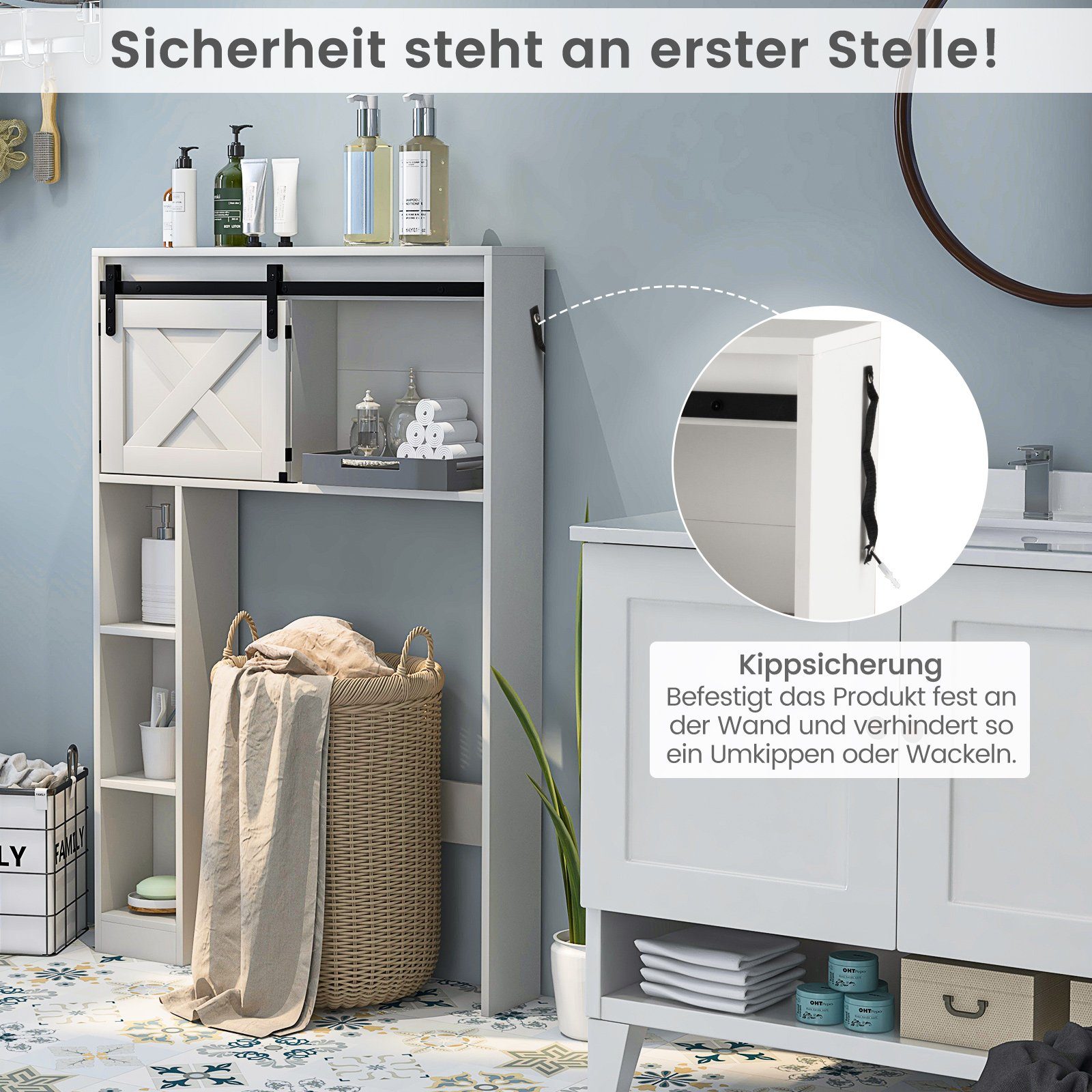 COSTWAY Waschmaschinenumbauschrank Badregal aus Holz, mit Schiebetür
