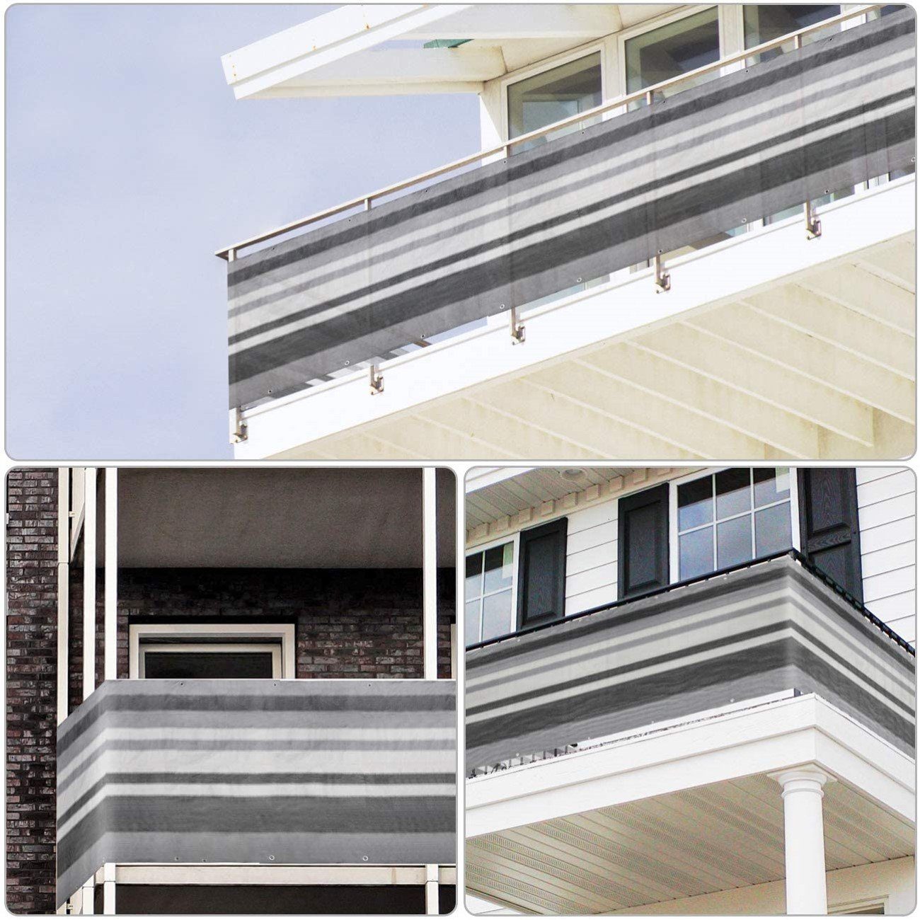 Sekey Balkonsichtschutz HDPE Balkonverkleidung Sonnenschutz für Balkon Sichtschutz ohne Bohren Grau-weiß-schwarz gestreift, mit Aluminiumösen