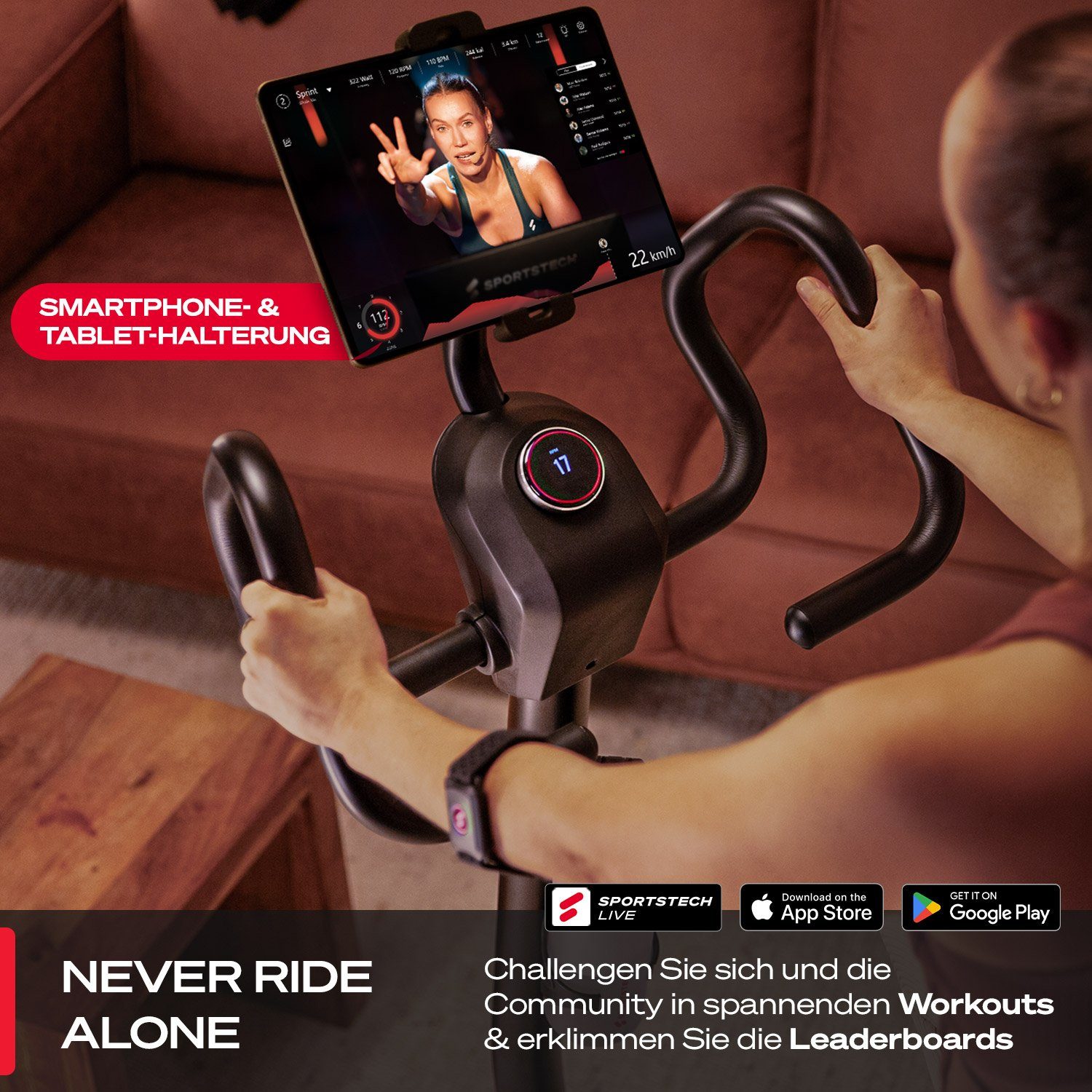 Sportstech Heimtrainer ESX600s, 10kg Schwungmasse mit LED, 360° Tablet-Halterung