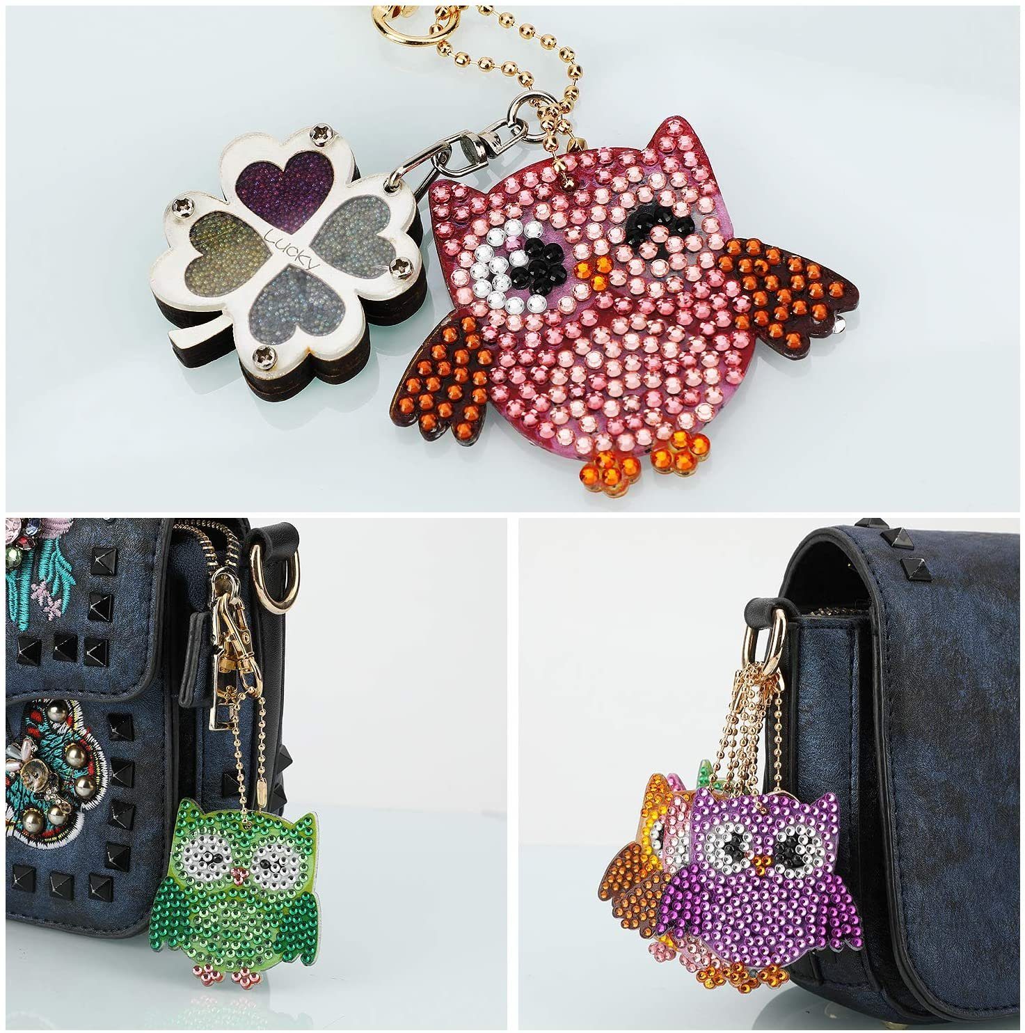 SOTOR Mosaikfliesen 5 Stücke DIY 5D Eule Diamond Art Painting Keychain, Rhinestone Pasted, A, Diamant Malerei Schlüsselbund Stickerei Kunst Handwerk