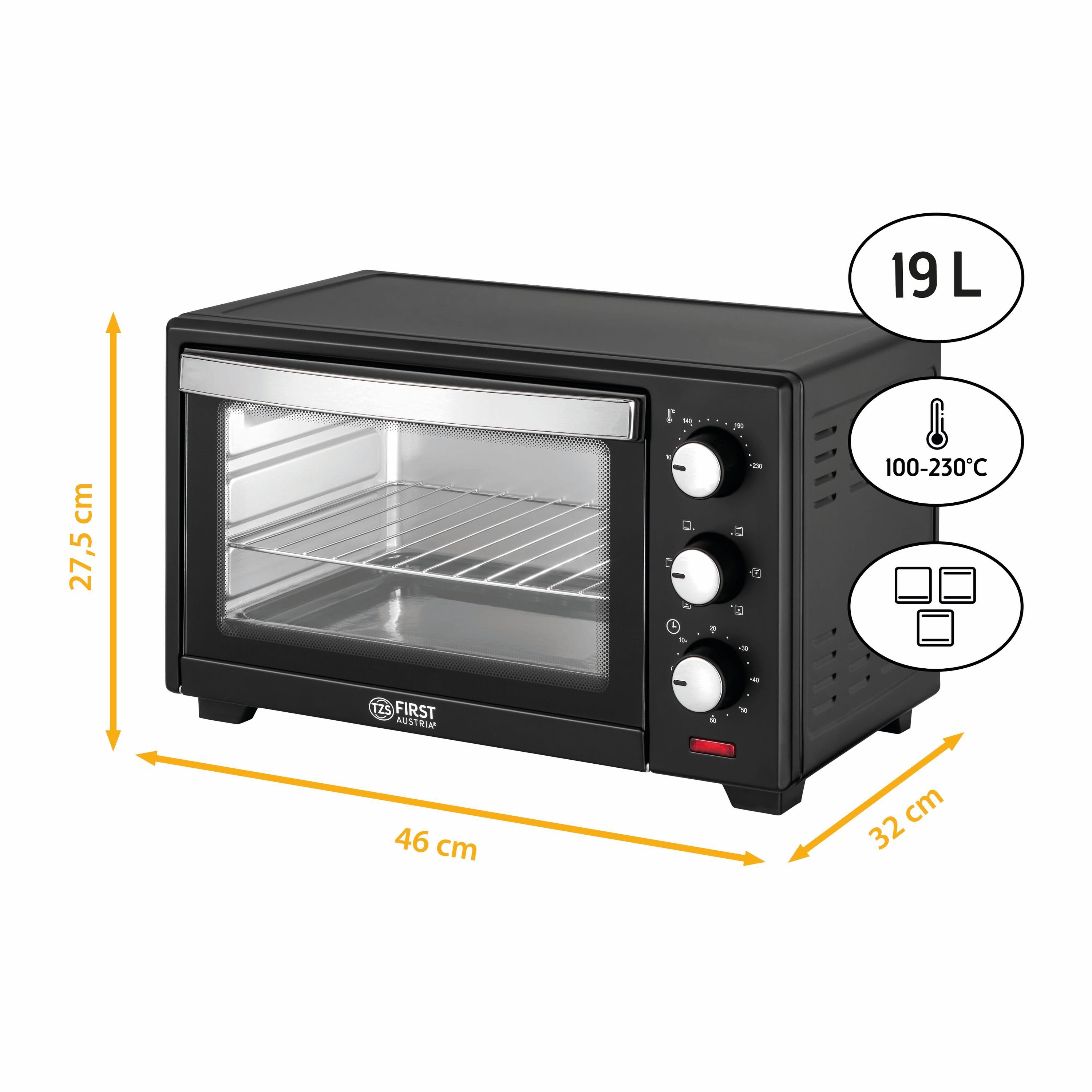 TZS FIRST AUSTRIA Minibackofen 20L Mini Backofen, 1380W, Unter-Oberhitze, bis 230 Grad, Doppelglastür, stufenlose Temperaturregelung, 60 Min Timer, Mini Ofen, Krümelblech