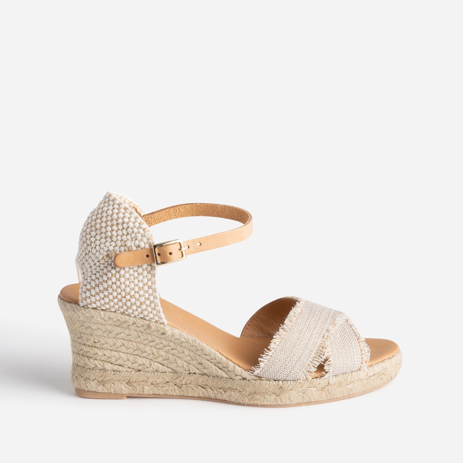 Sandale compensée beige pailleté doré en toile