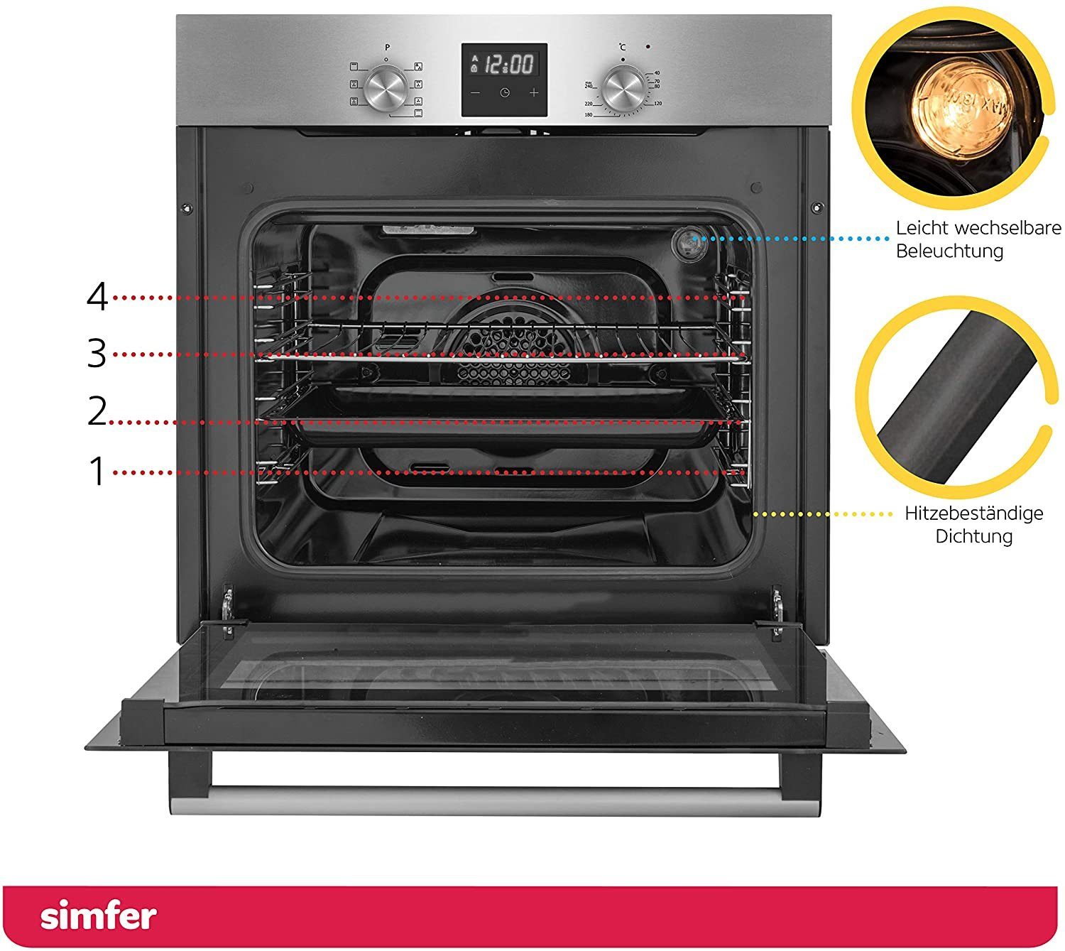 Simfer Einbaubackofen SMF-BO 6029, 60 Liter, 7 Funktionen, 60 cm, 2-fach Verglasung, mit Teleskopauszug nachrüstbar, Digitaler Timer mit Touch Control, Seitengitter, Emaillierter Garraum