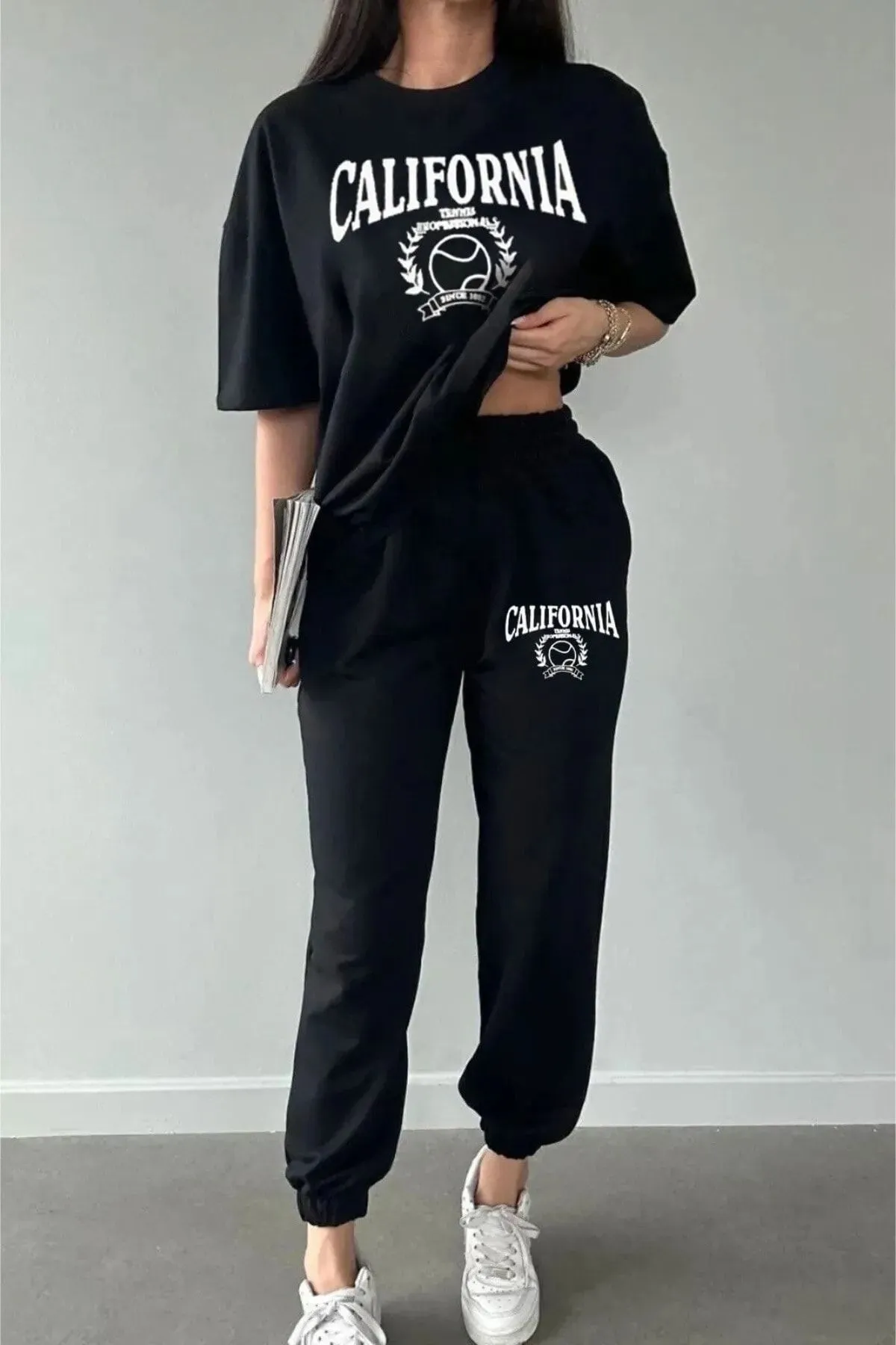 Know  Tennis-Trainingshose und T-Shirt, schwarzes Jogger-T-Shirt, Hose, Oberteil, Trainingsanzug-Set, Übergröße, Rundhalsausschnitt