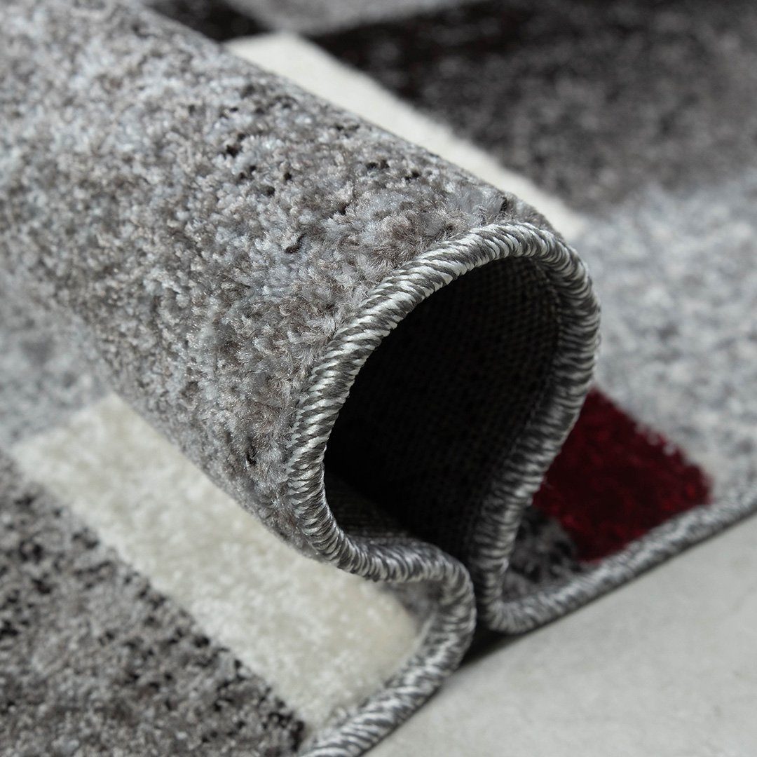 Teppich PHOENIX, oKu-Tex, Kurzflorteppich, Wohnzimmer, rechteckig, geometrisches Muster, Rechtecke, Grau Rot meliert, besonders weicher Kurzflor, Gesamthöhe: 1 cm, pflegeleicht