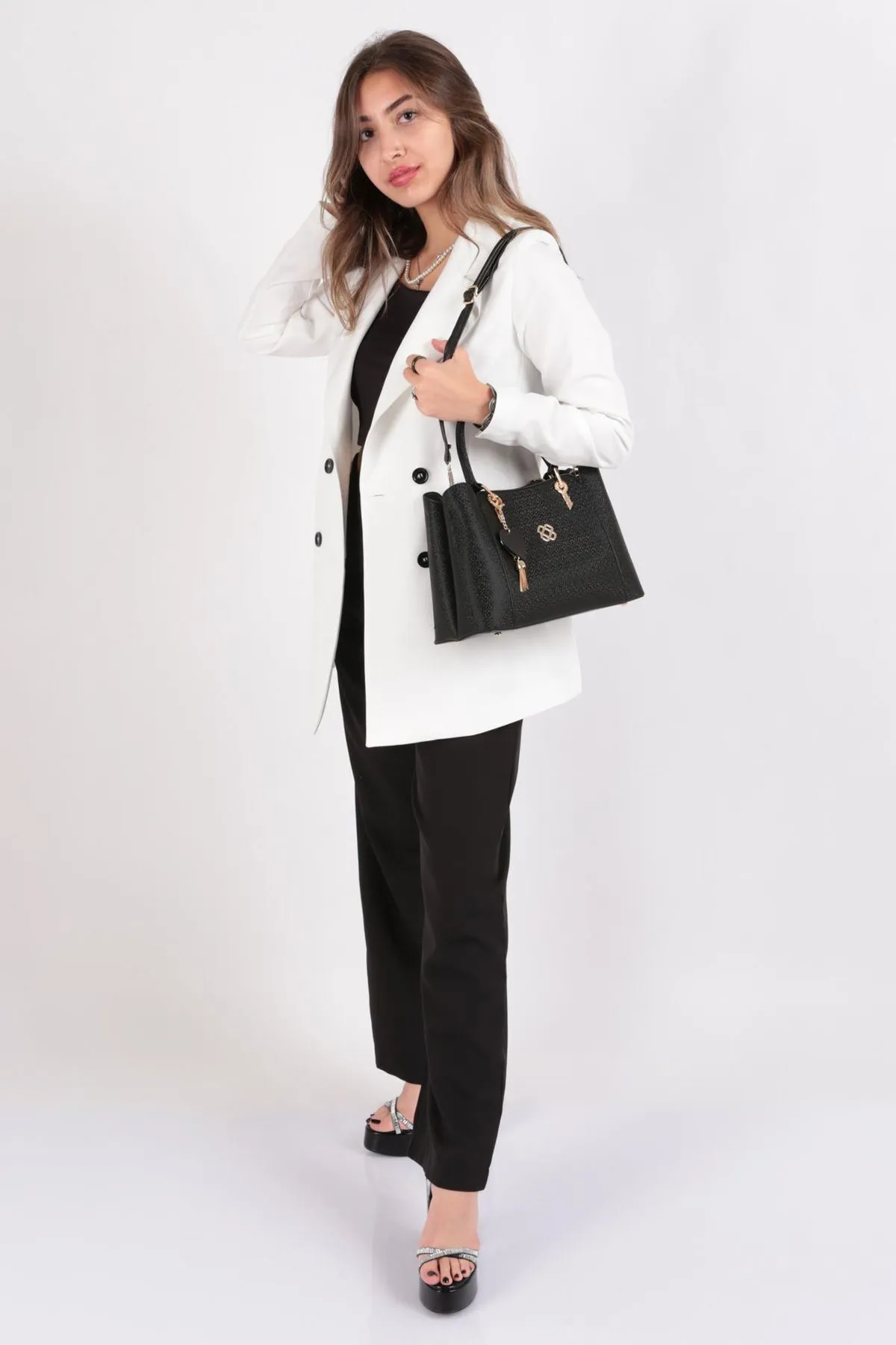 DGN  Schulter- und Handtasche für Damen Modell 3267 mit Mosaik-Motiv, Schwarz