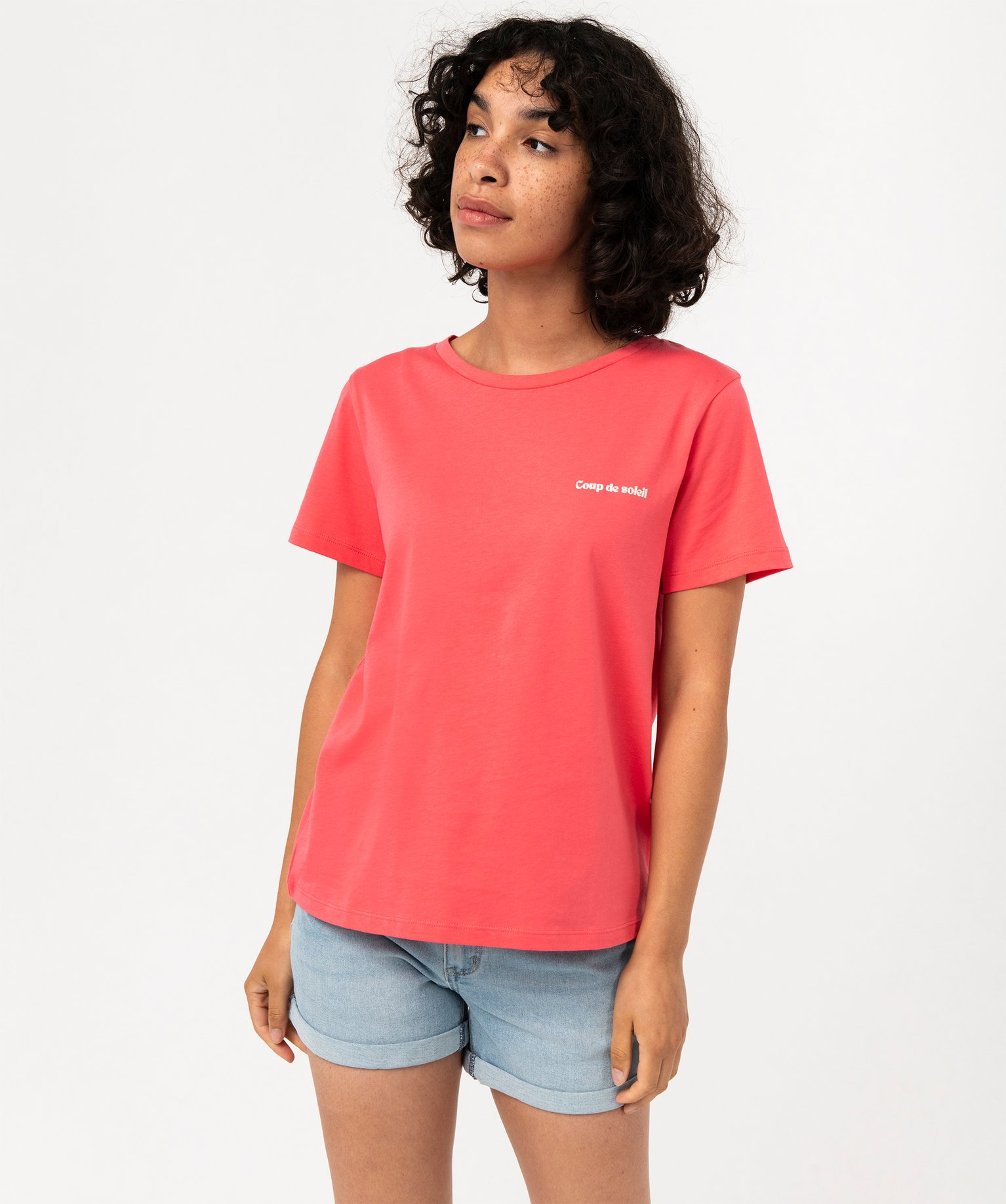 Tee-shirt manches courtes en coton à message femme rose | GEMO