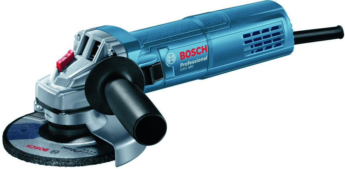 „Bosch Blue 060139600A“ kampinis šlifuoklis GWS 880 (apsauginis dangtelis, rankena, tvirtinimo flanšas, veržliaraktis ir prispaudimo veržlė)