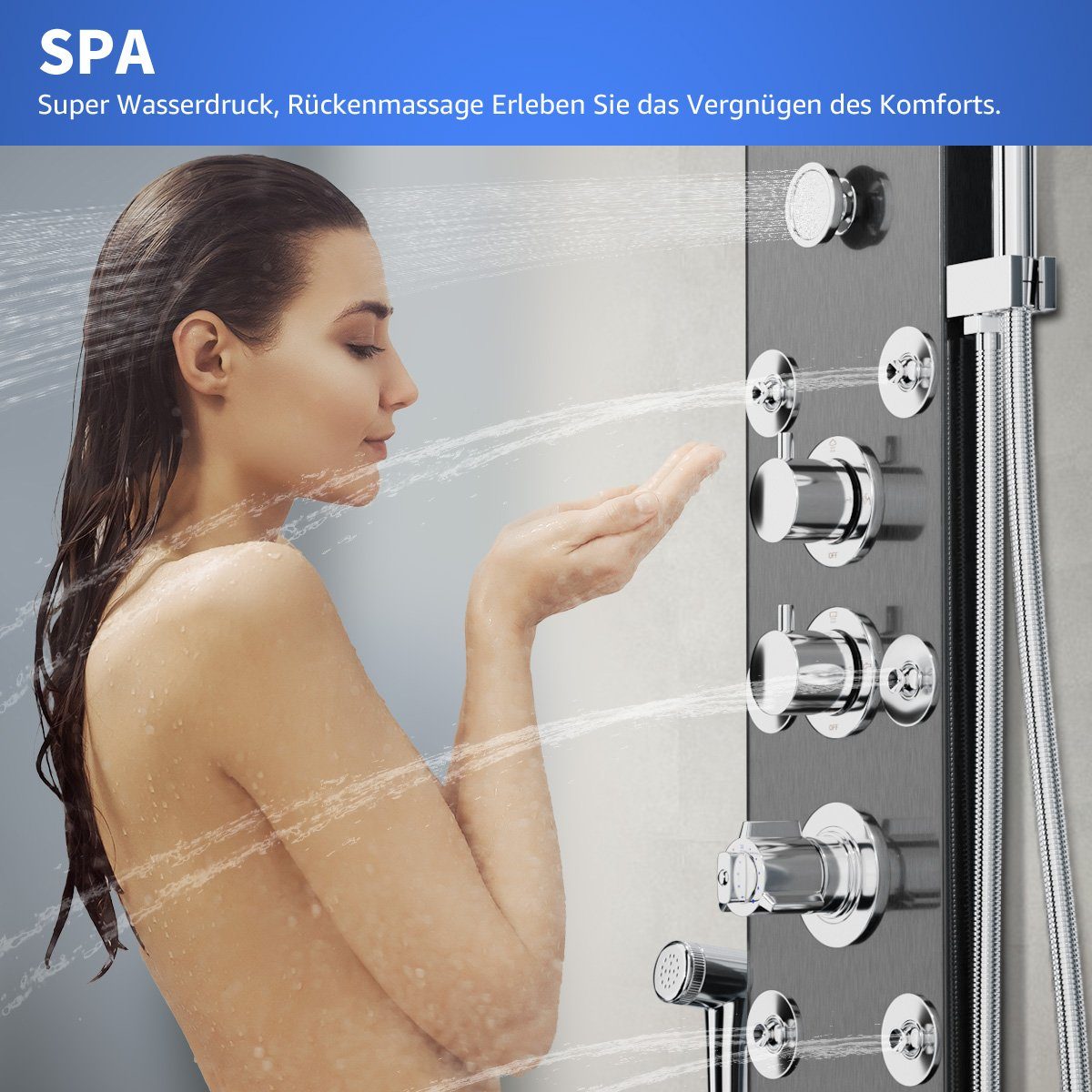 MULISOFT Brausegarnitur 6 in 1 Duschsäule Massagedusche, Regendusche,Handbrause Wanneneinlauf, 6 Strahlart(en), Duschpaneel Edelstahl mit Thermostat für Badezimmer Dusche