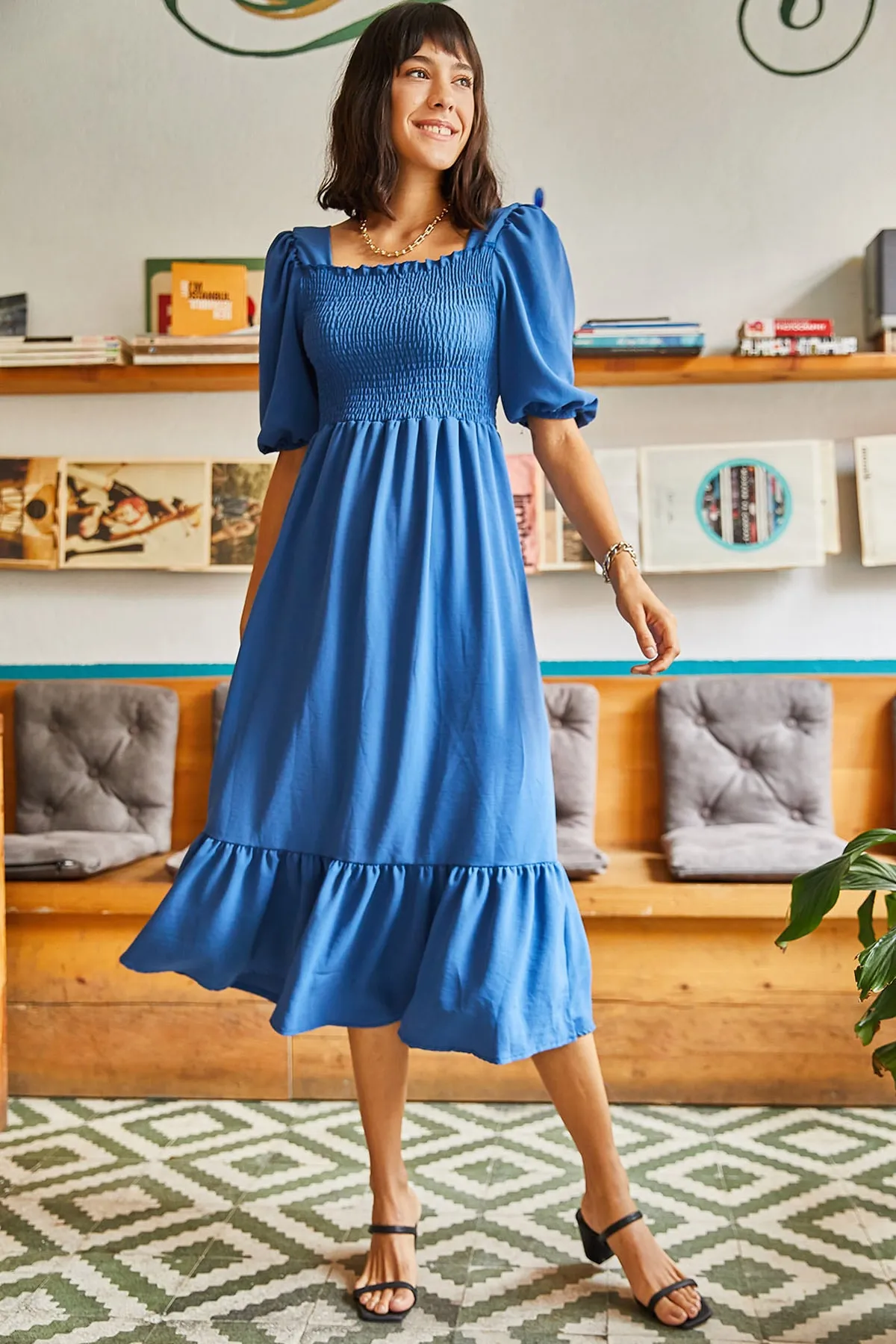Olalook  Damen-Indigo-Gimped-Bodrum-Kleid mit quadratischem Kragen ELB-19001557