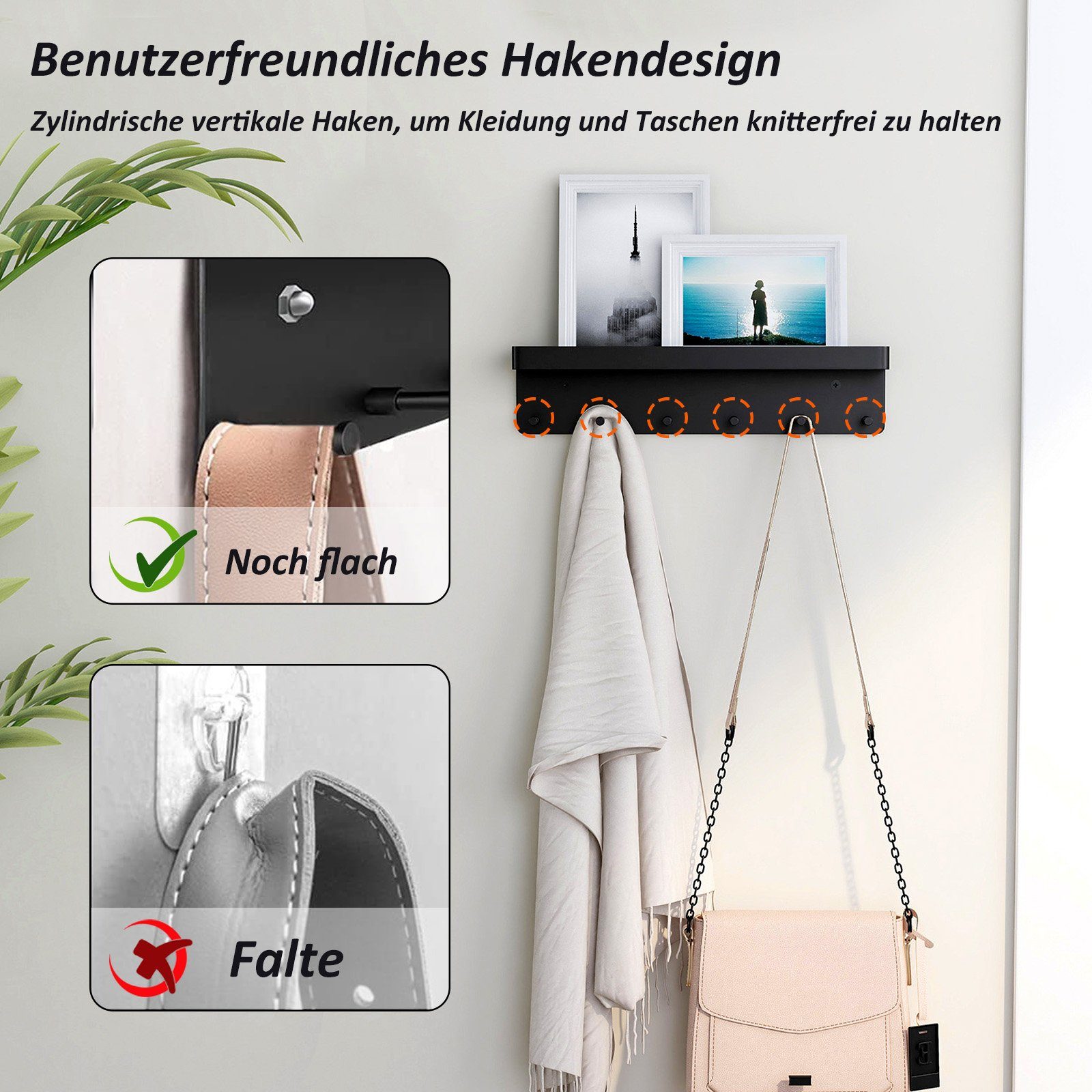 CALIYO Schlüsselbrett 6 Haken & Schlüsselleiste, selbstklebend als Schlüsselboard, Schlüssel Organizer / Hakenleiste mit Ablage
