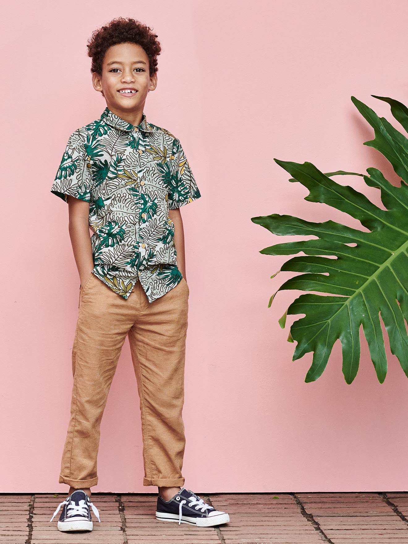 Vertbaudet Jungen Stoff-Sneakers mit Gummizug - grün bedruckt/tropical