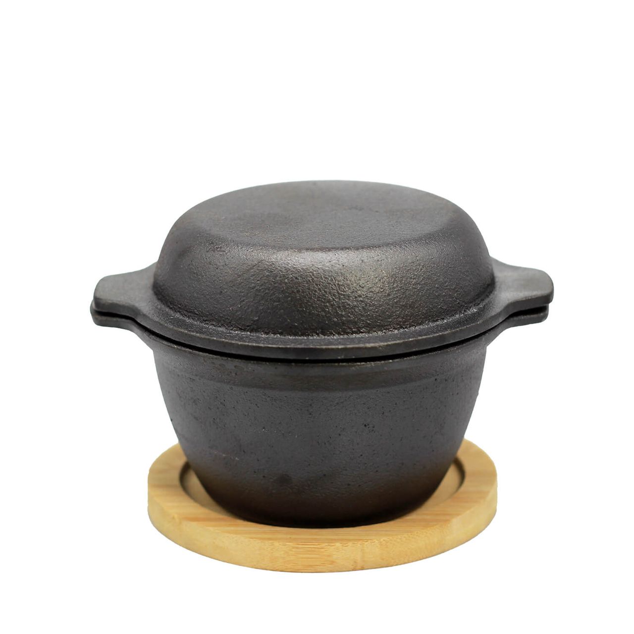 Allgrill Gusseisentopf mit Deckel Ø 10 x 9 cm und Holzuntersetzer