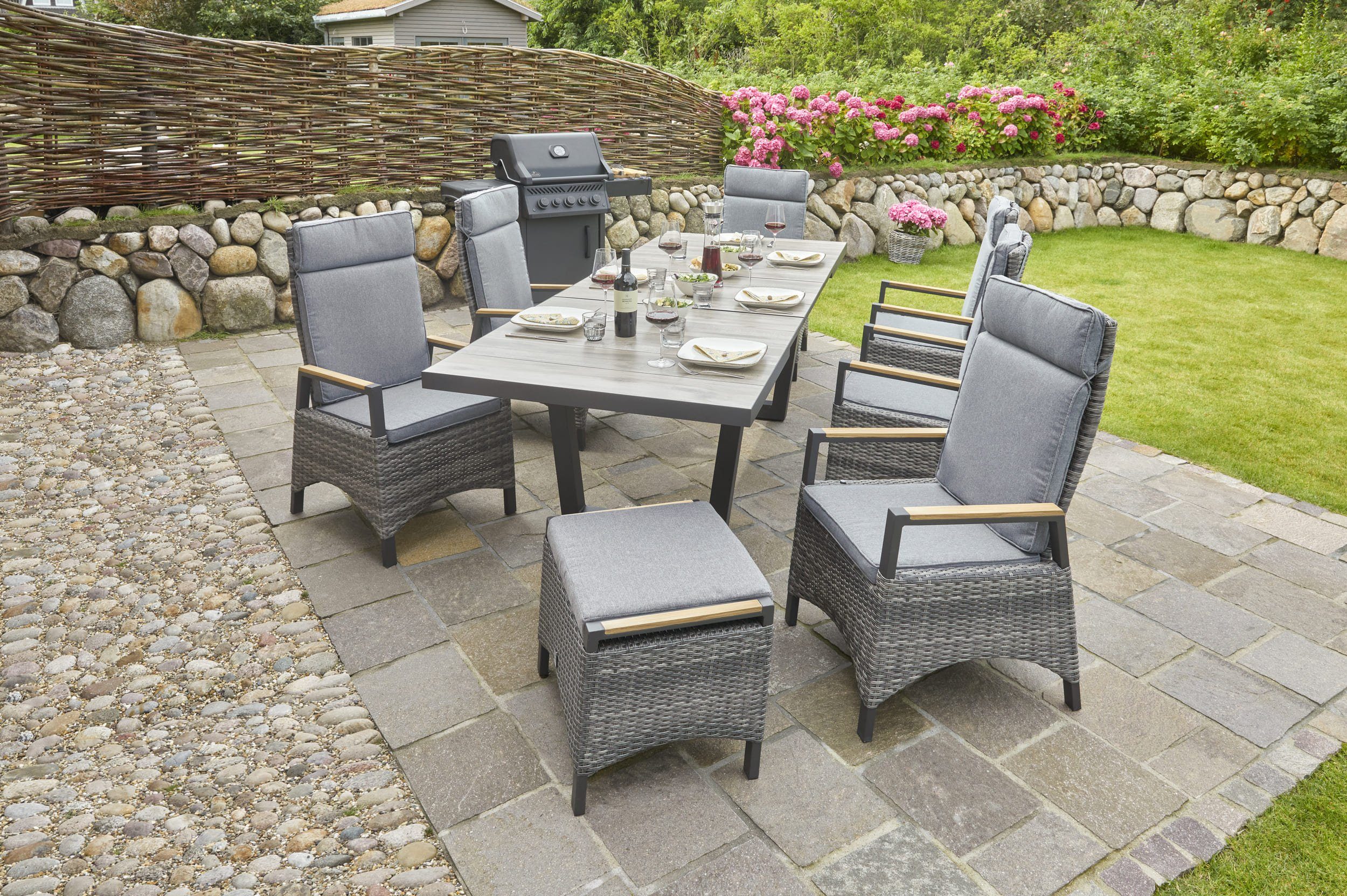 LC Garden Gartenlounge-Hocker LC Garden Keramo Teak Dining Hocker Fußbank natur-grau