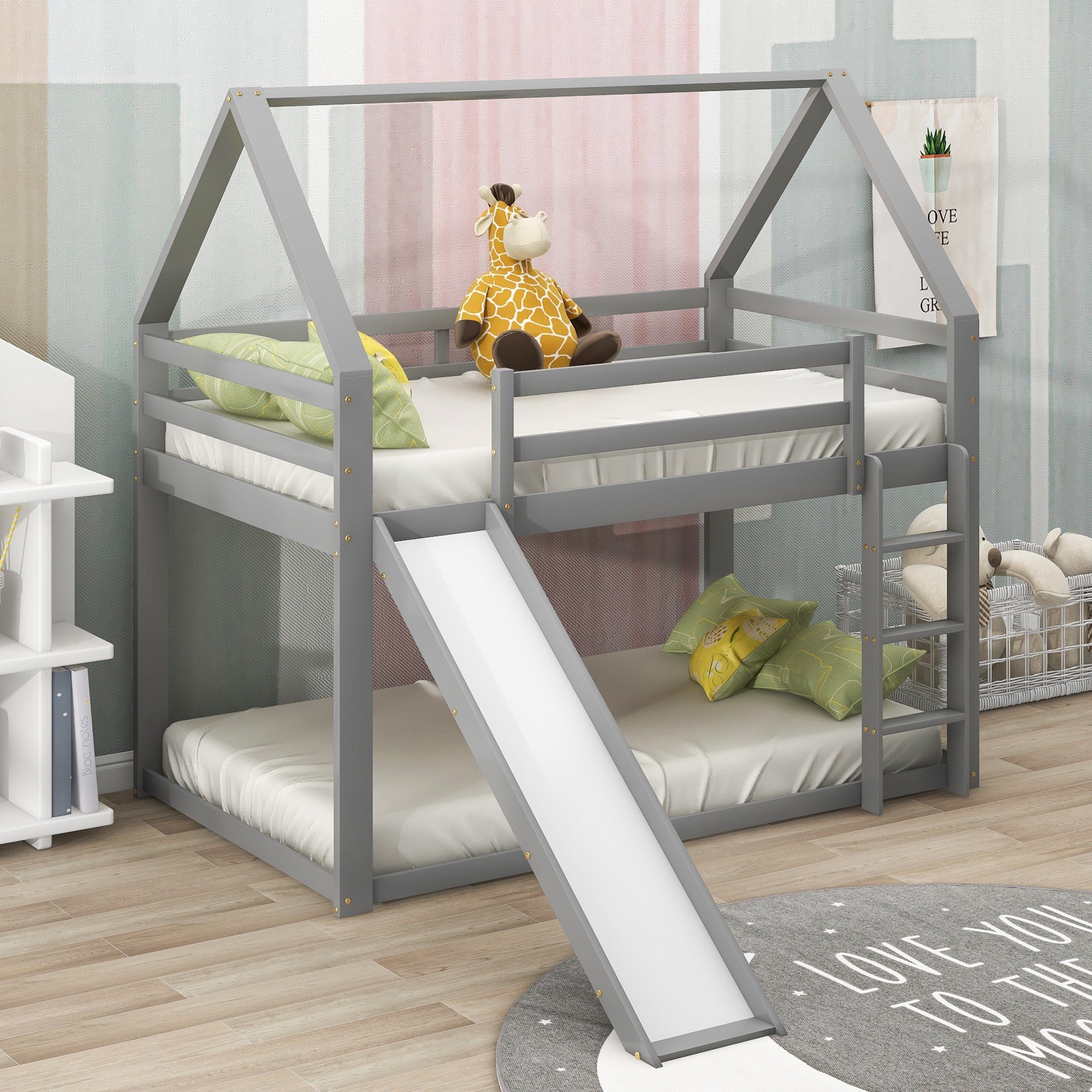 WISHDOR Kinderbett Kinderbett Hausbett Etagenbett Bett (mit Rutsche und Leiter, 90x200cm), Ohne Matratze