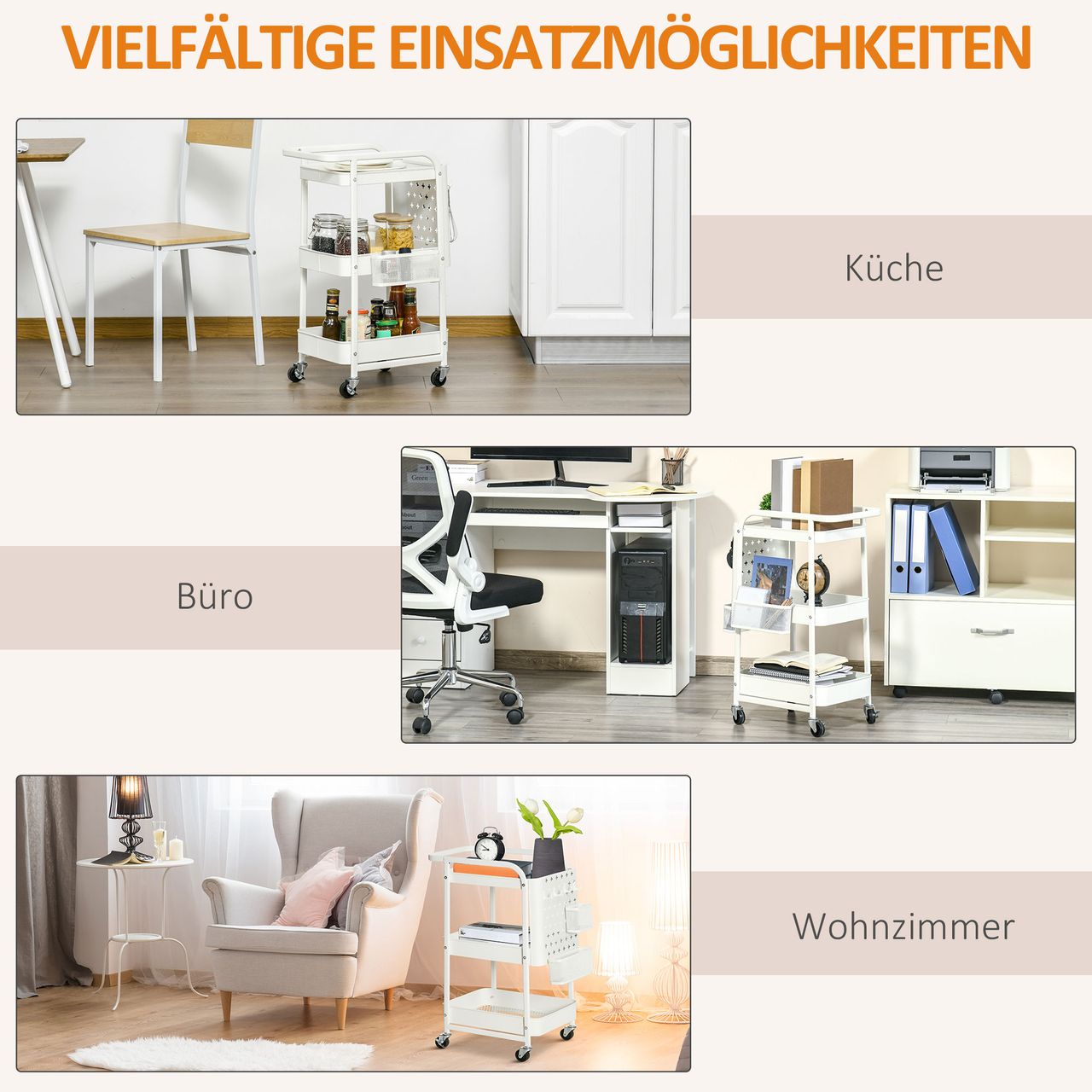 HOMCOM Rollwagen 3-Etagen Küchenwagen mit Schubladen und Korb für Küche Büro Aufbewahrungswagen Servierwagen Küchenregal mit Rollen Schlafzimmer Wohnzimmer Stahl Weiß 51,5 x 32 x 75,6 cm