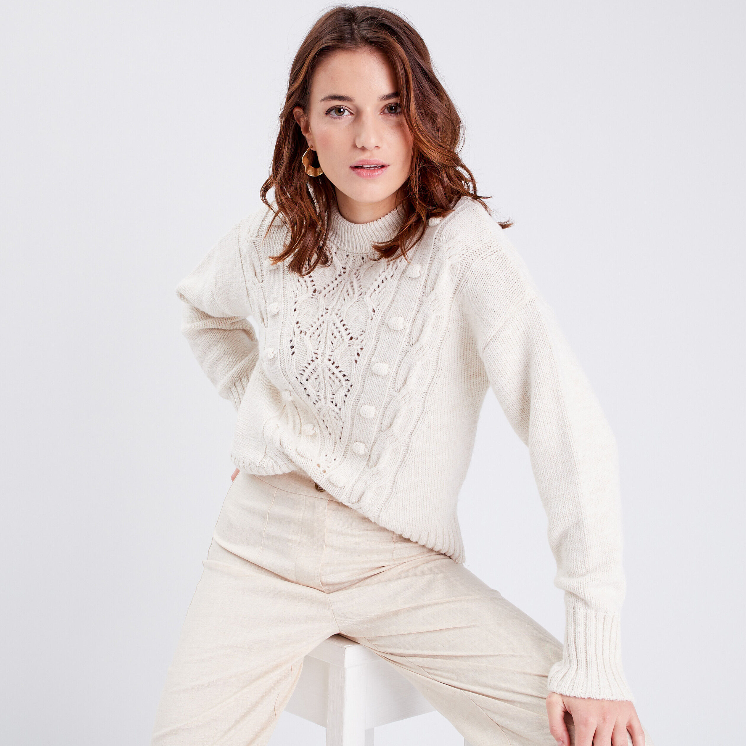 Pull manches longues ajouré ecru femme | Cache Cache