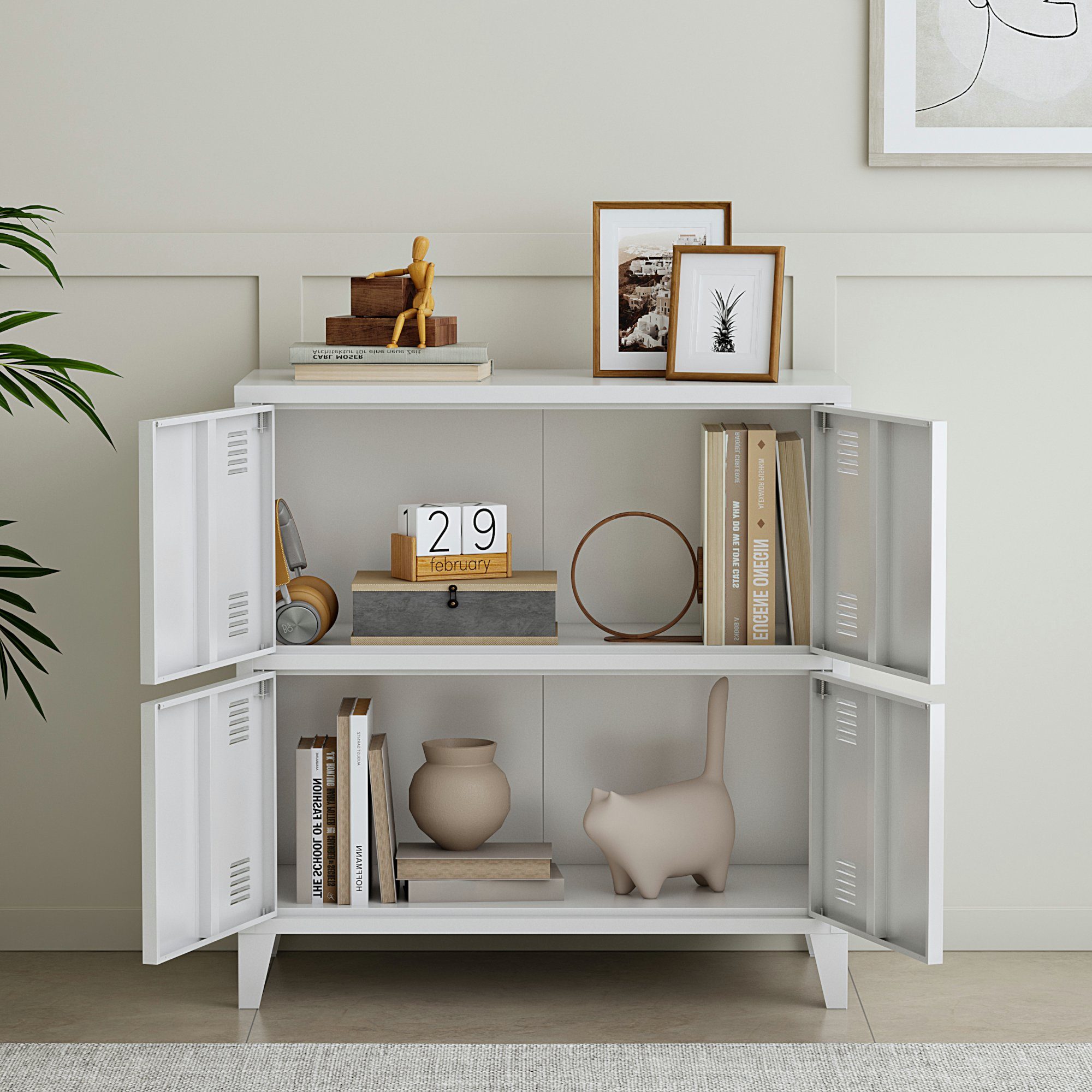 en.casa Mehrzweckschrank Hamina Büroschrank mit 4 Türen 80x40x82 cm Weiß