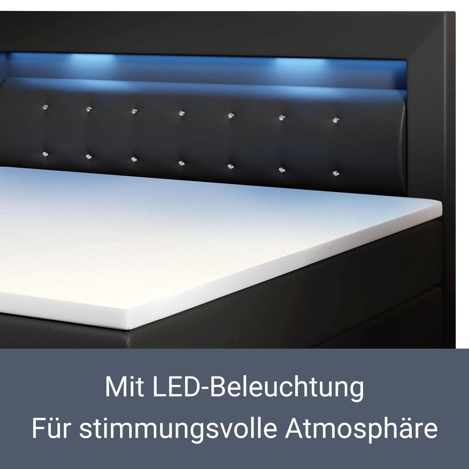 Juskys Boxspringbett Montana, 120x200 cm, Einzelbett mit Topper, Kopfteil und LED-Beleuchtung