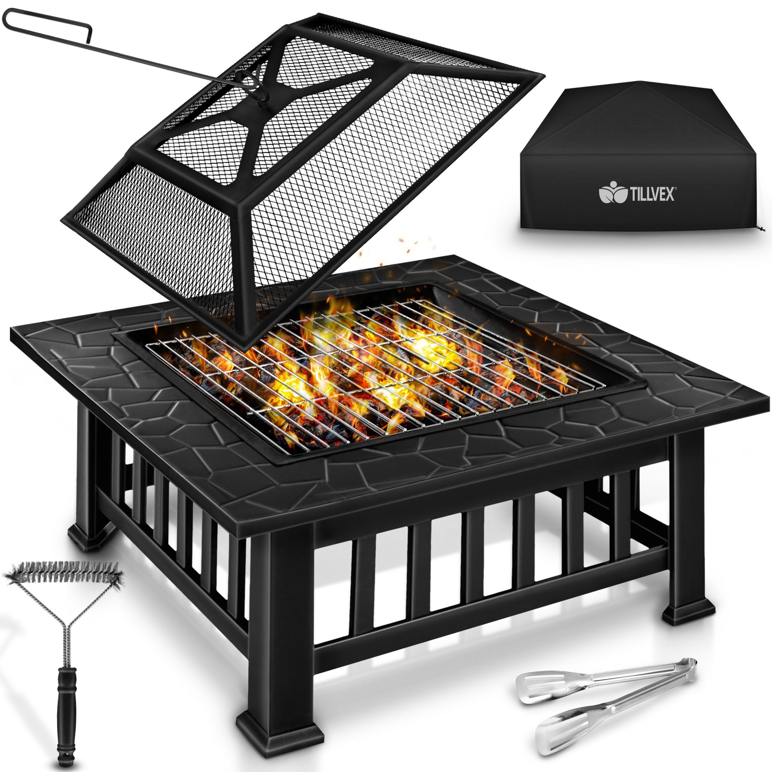 tillvex Feuerschale Feuerkorb 3 in 1 mit Funkenschutz Grill Feuerstelle mit Abdeckung, (Feuerstelle), mit Funkenschutz & Grillrost, Outdoor für den Garten, BBQ Grill