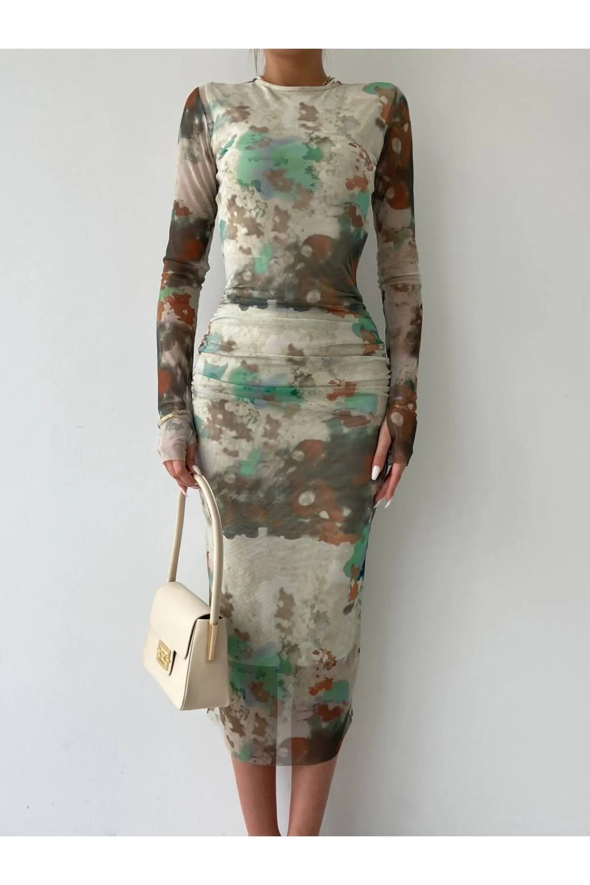 SONREİR  MIDI-GEMUSTERTES KLEID MIT FINGERUHRFUTTER