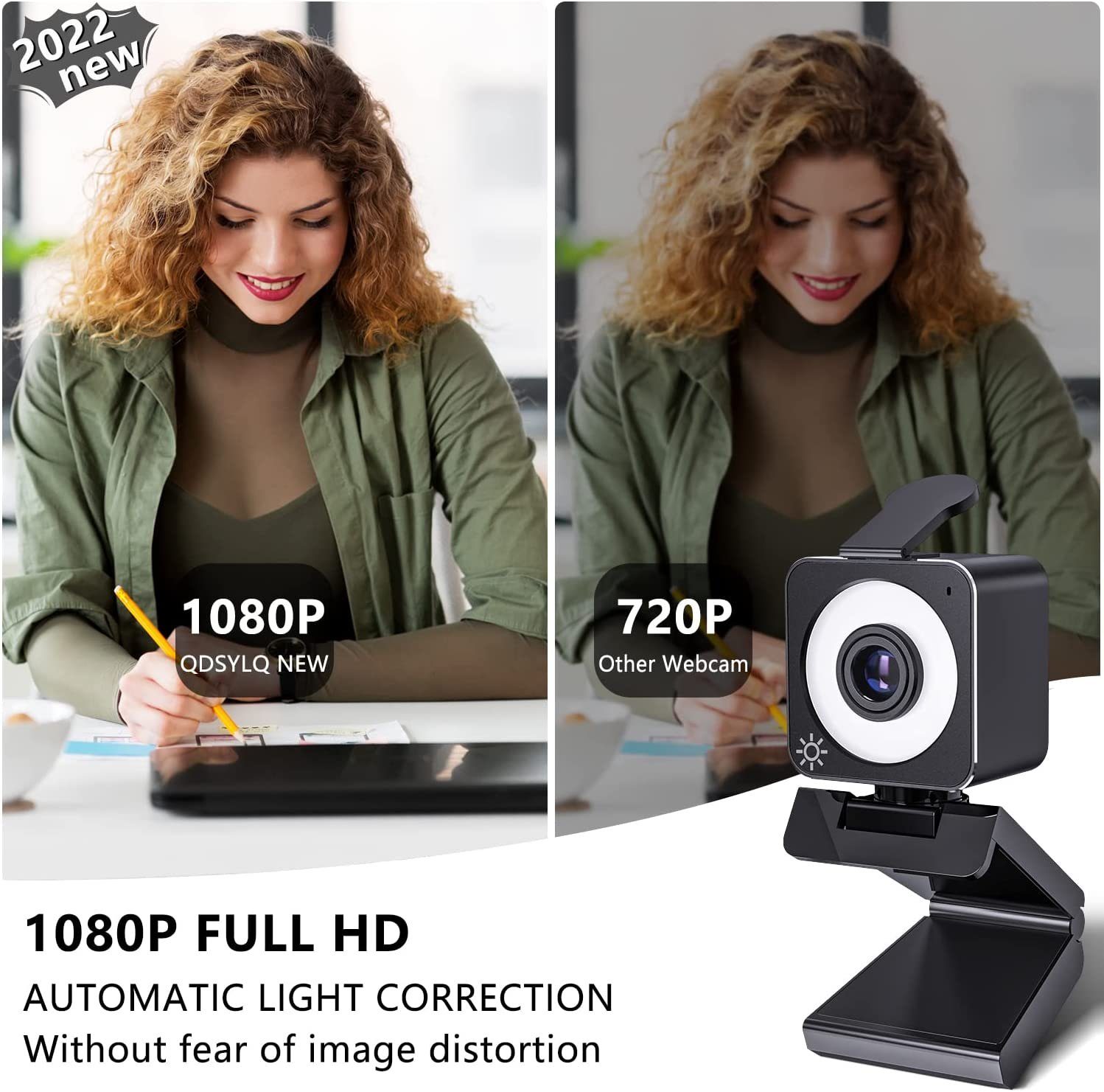 Diyarts Webcam (Full HD, PC Kamera und Laptop Video Konferenzen Online-Unterricht und Streaming, Mikrofon & Ringlicht, 90° USB Kamera mit automatische Lichtkorrektur)