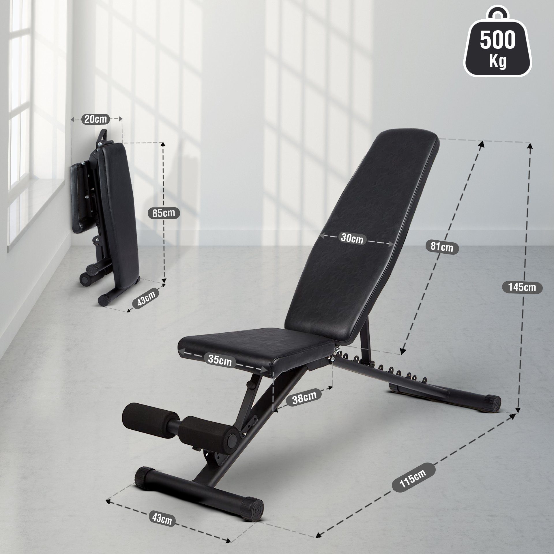Zoomyo Hantelbank Hantelbank / Universal-Trainingsbank, klappbar, belastbar bis 500 kg, Das Sitzpolster und die Beinhalterung der Zoomyo