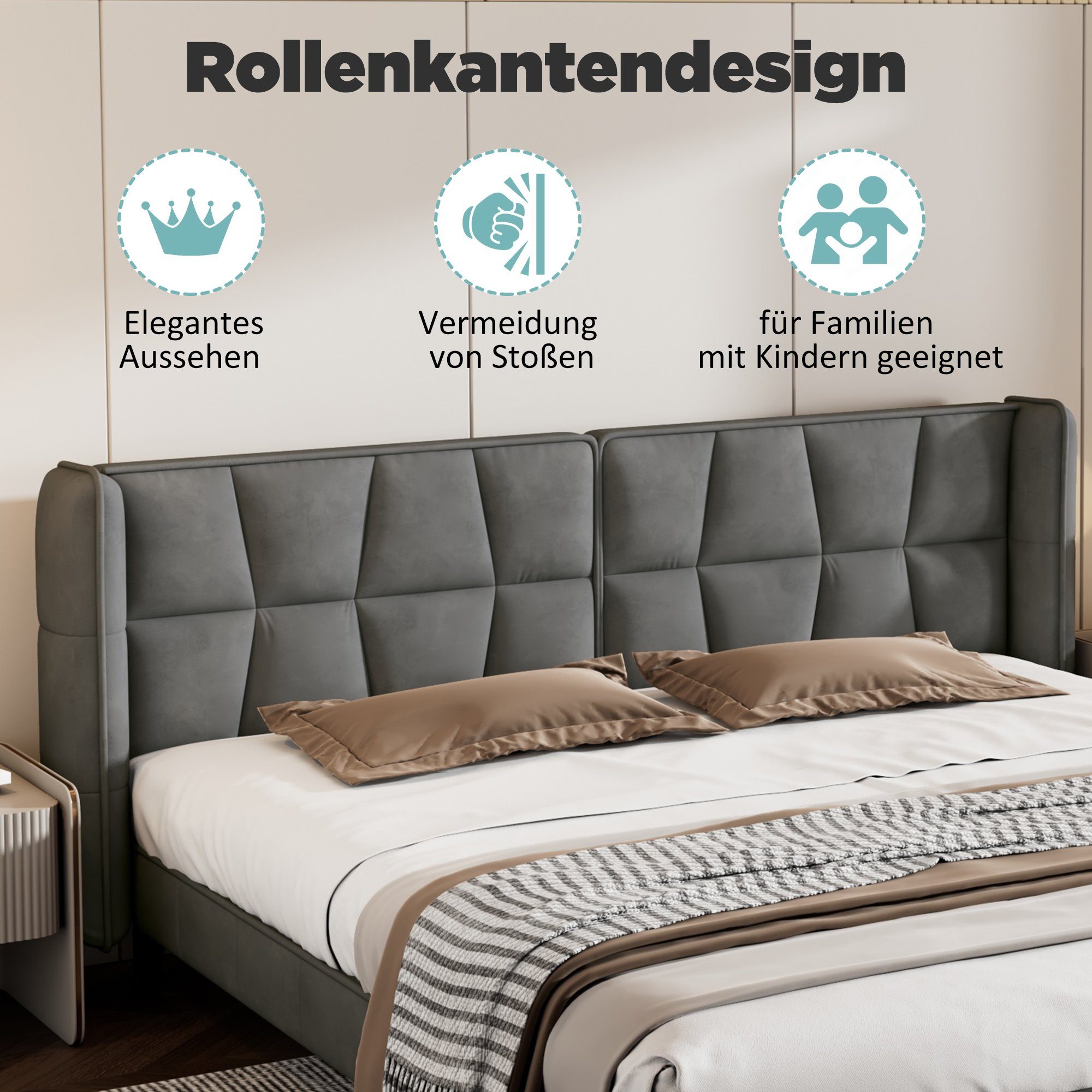 Flieks Polsterbett, Doppelbett mit Lattenrost und Kopfteil Samt 160x200cm