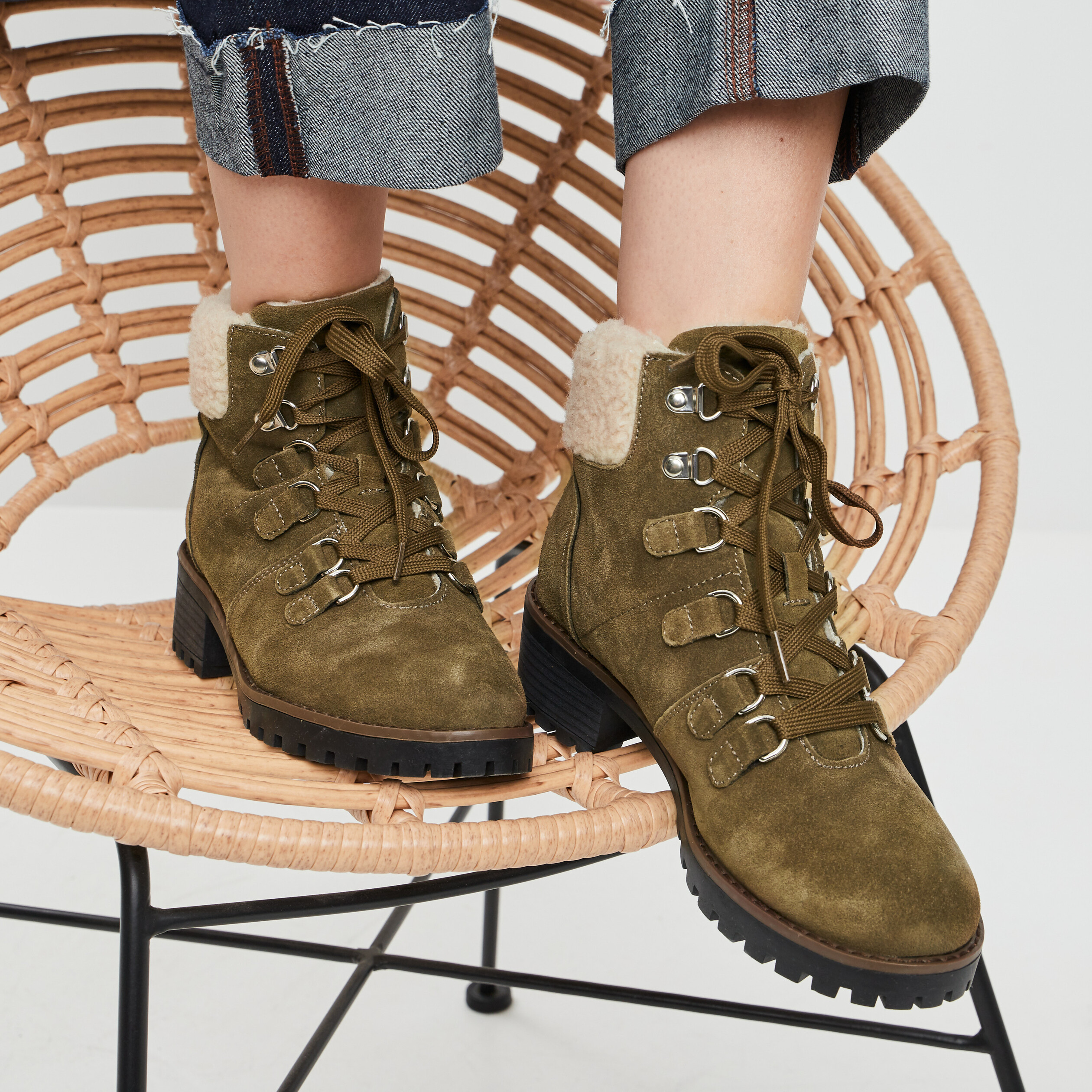 Bottines à talons empiècement molletonné vert kaki femme | La Halle