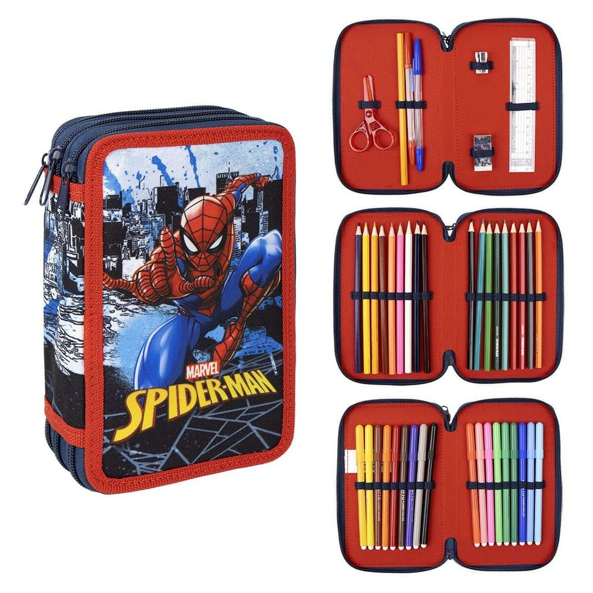 Spiderman Federtasche Dreifaches Federmäppchen Spiderman 43 Stücke Blau 12 x 19,5 x 6,5 cm