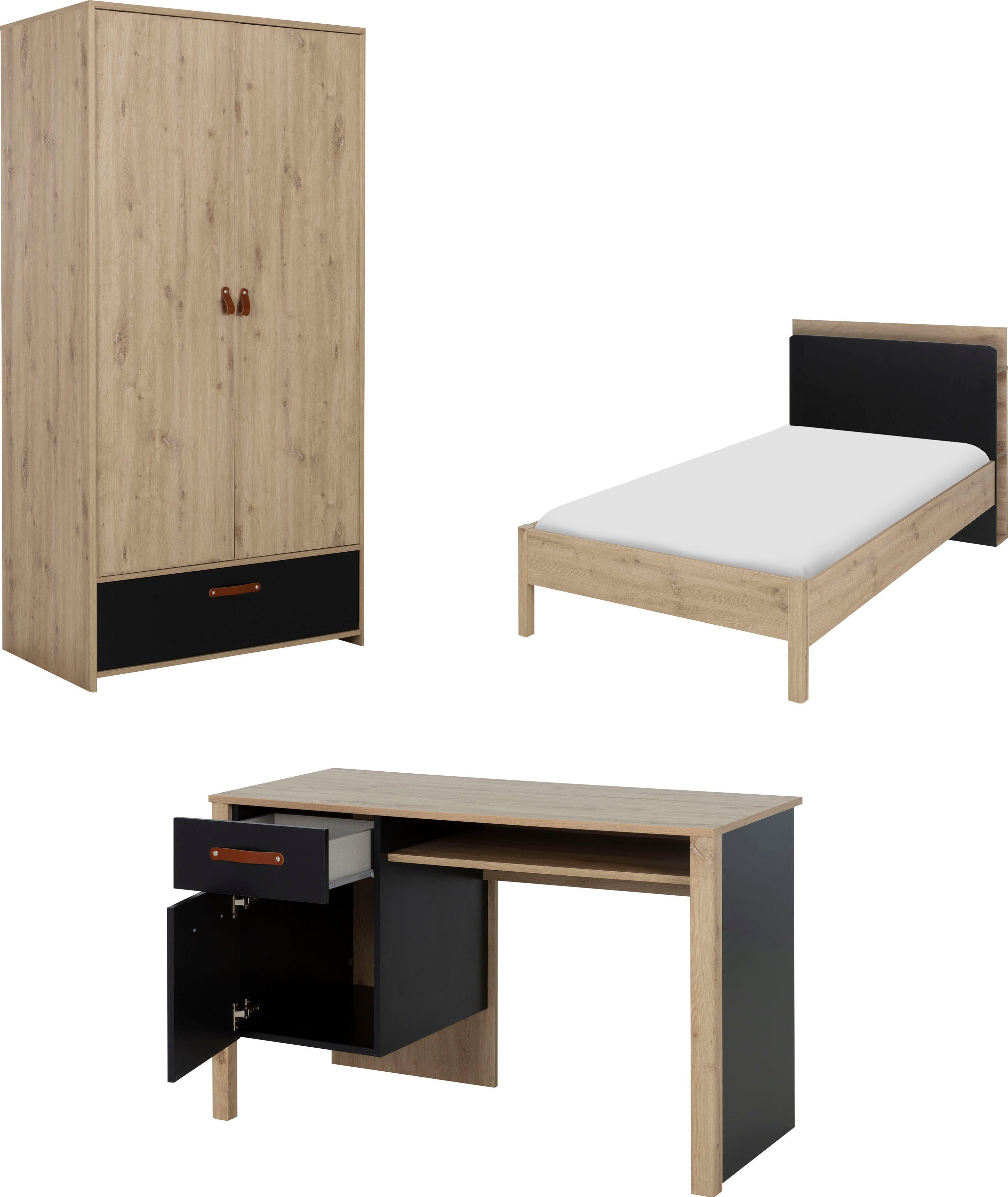 Gami Jugendzimmer-Set Arthus, (4-St., Bett mit Kopfteil, Kleiderschrank, Schreibtisch)