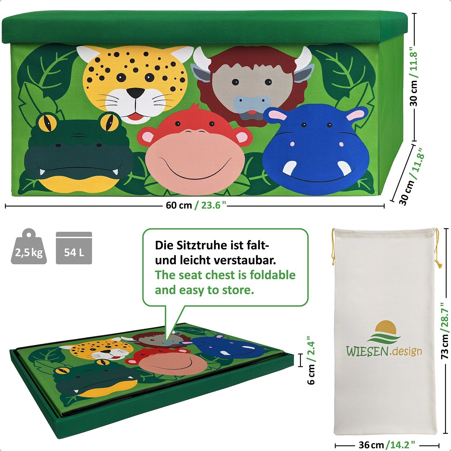 WIESEN.design Spielzeugtruhe Sitztruhe-Dschungel für Spielzeug Aufbewahrung, 60x30x30cm, 54L, belastbar mit 150kg, inkl. eines Baumwollsacks, gratis Versand