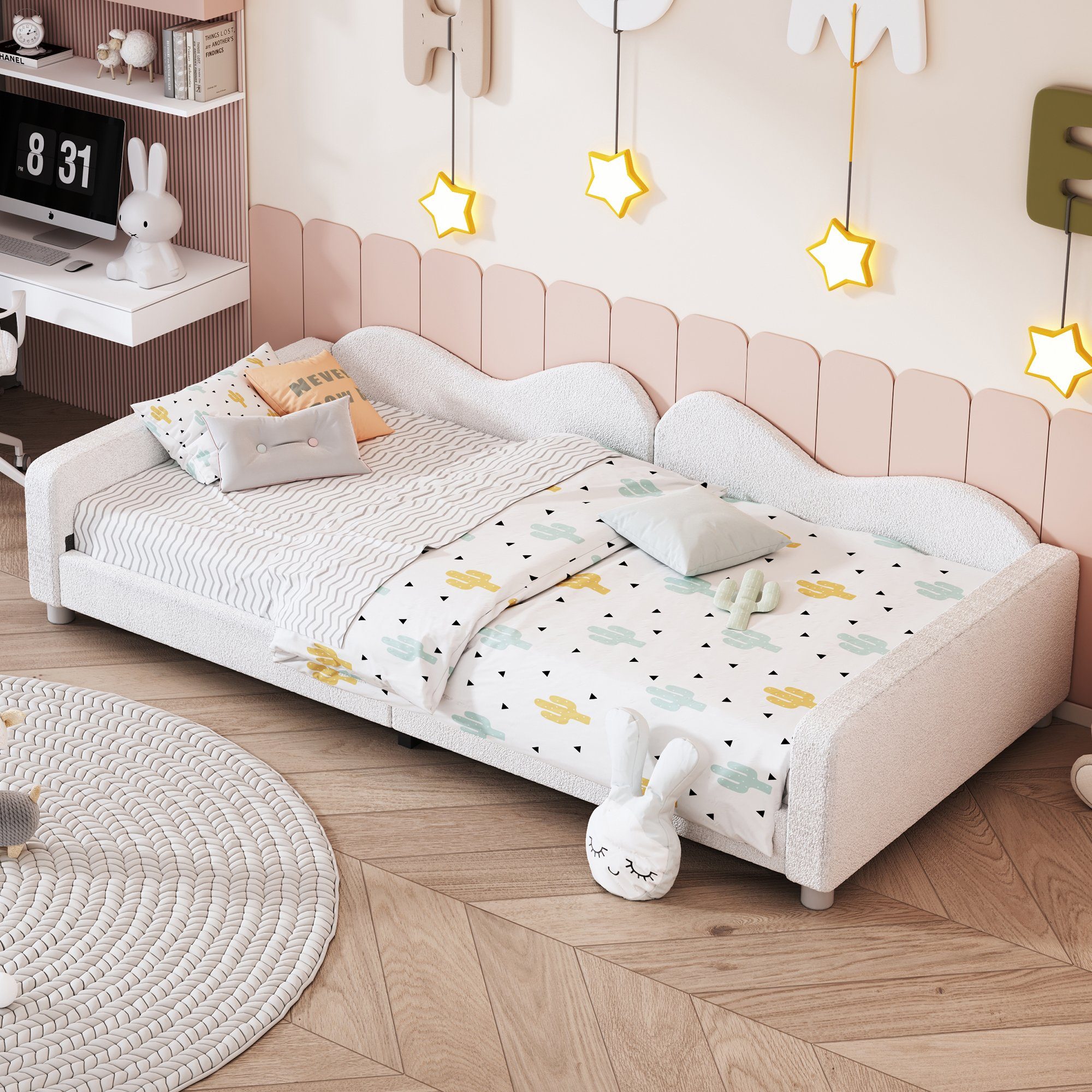 HAUSS SPLOE Polsterbett Tagesbett Polsterbett Kinderbett Schlafsofa (mit Rückenlehne und Armlehnen, 90x200 cm Bettgestell Teddystoff Multifunktionales weiches Bett), ohne Matratze