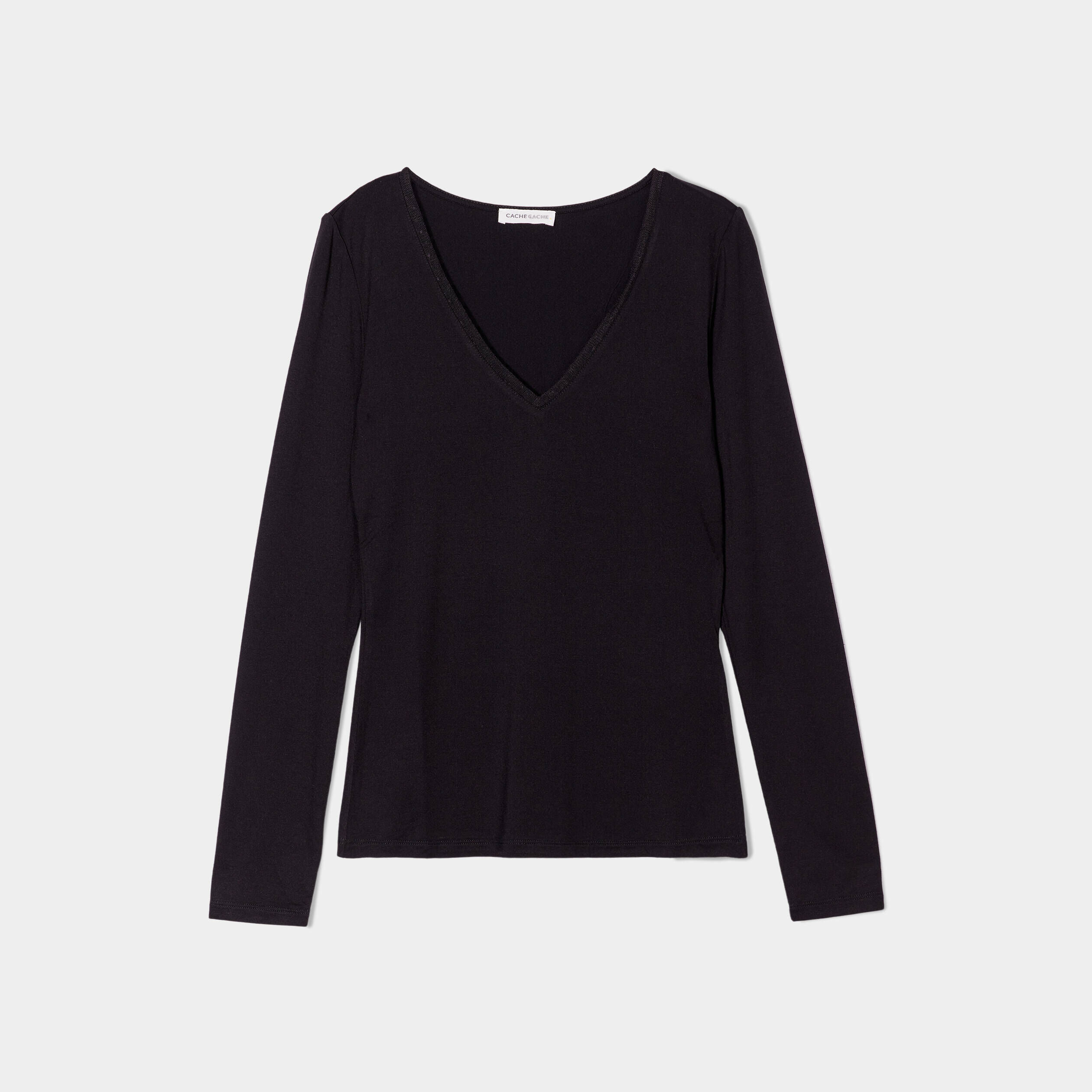 T-shirt col en V plumetis noir femme | Cache Cache