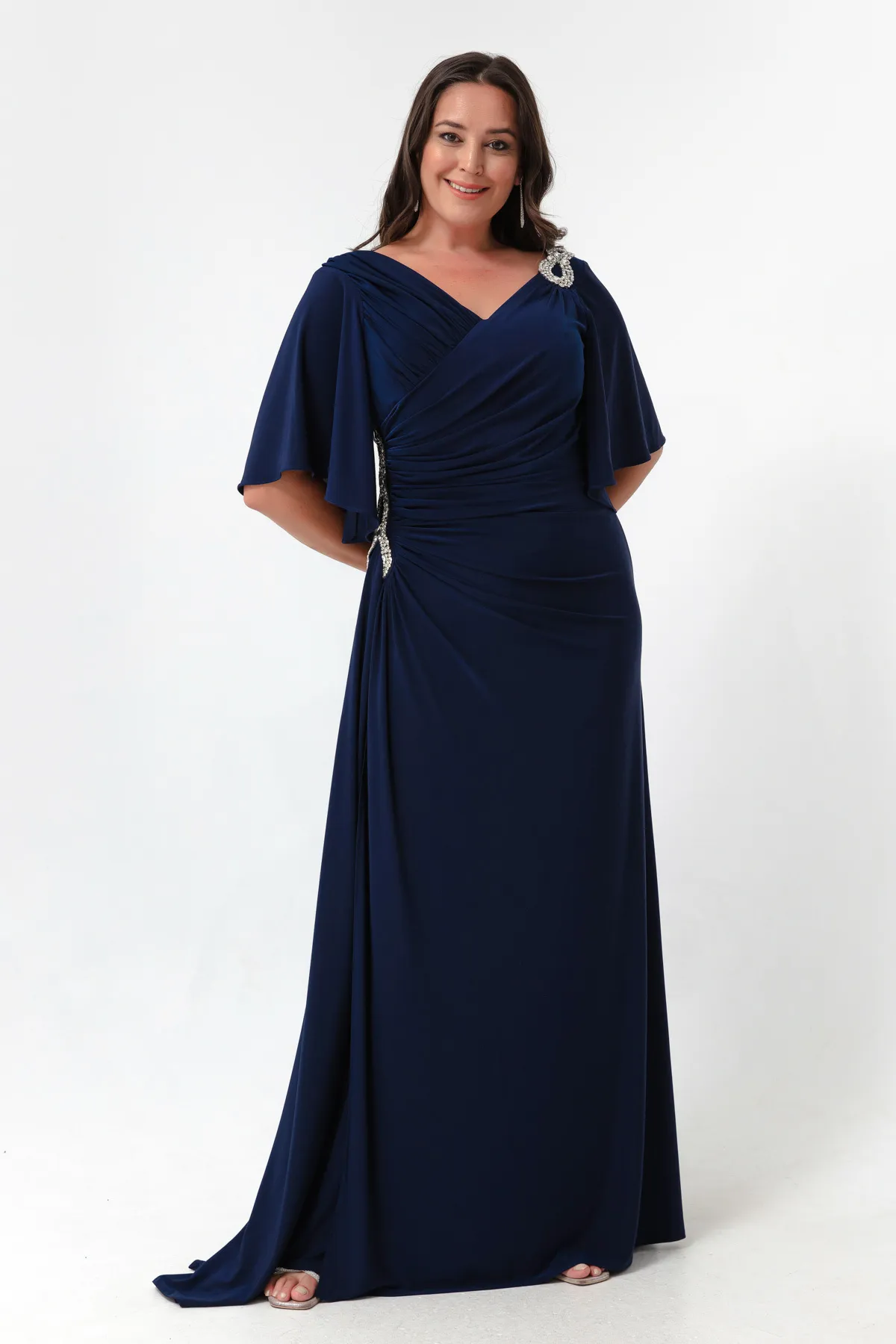 Lafaba  Damen-Abendkleid in Marineblau mit kurzen Ärmeln und Schlitz in Übergröße