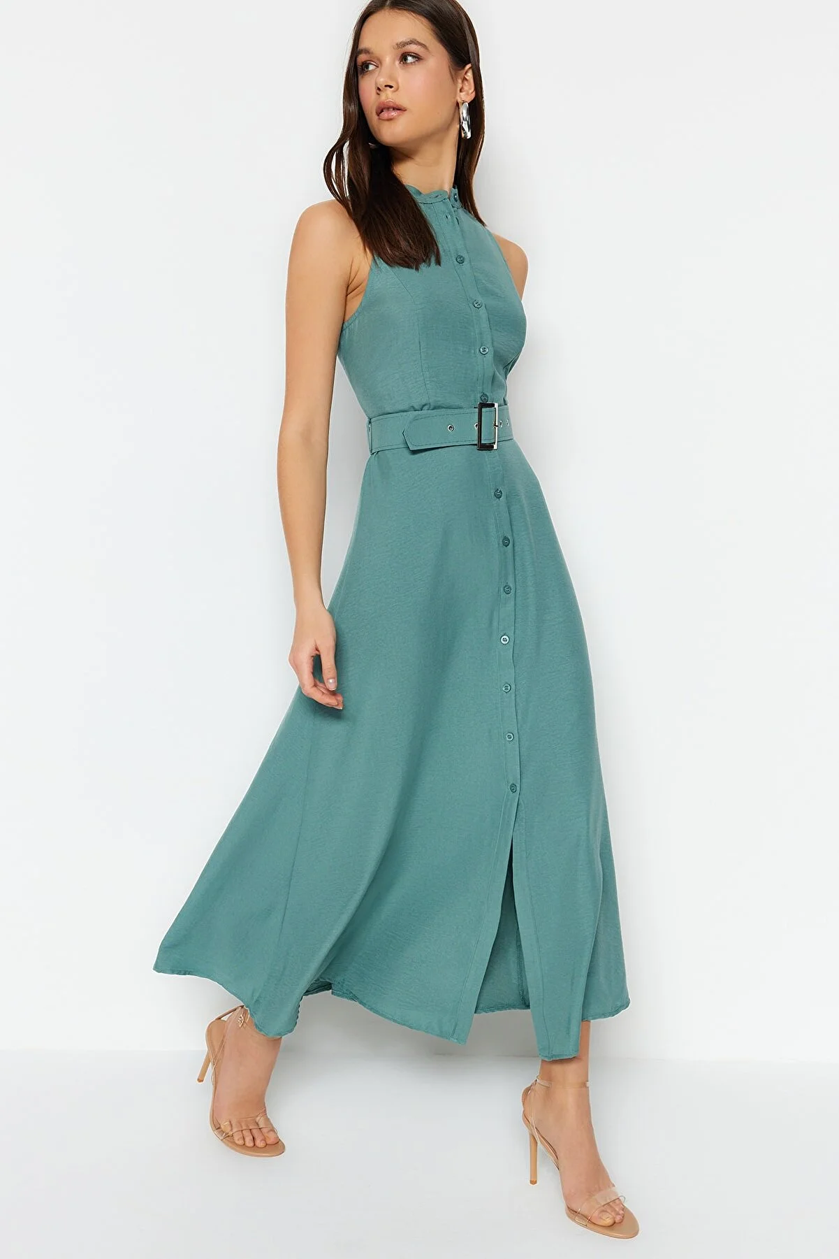 Trendyol Collection  Mintfarbenes, gewebtes Midi-Hemdkleid mit Gürtel TWOSS23EL01628
