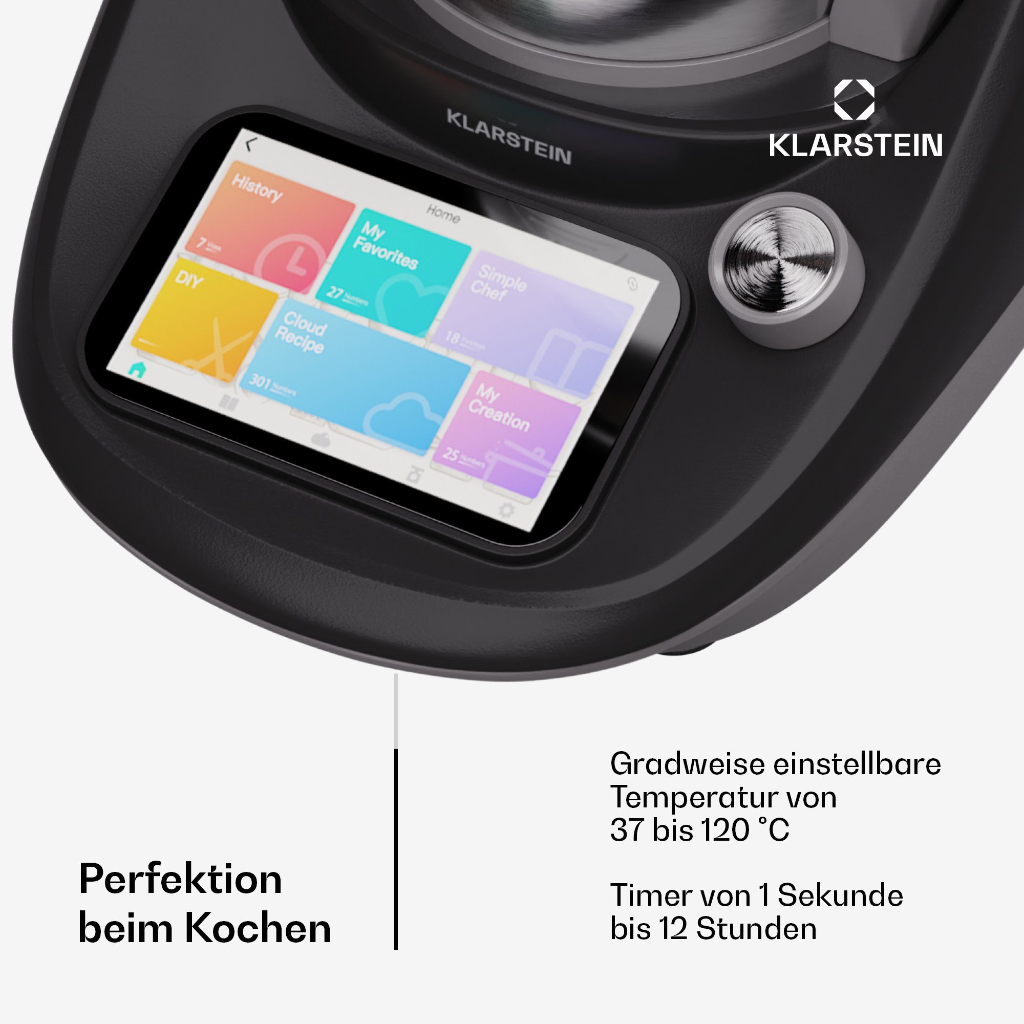 Klarstein Küchenmaschine mit Kochfunktion Aria Select Smart, 1700 W, 4.7 l Schüssel, Dämpfaufsatz Waage 4,7 L Edelstahl Touch App