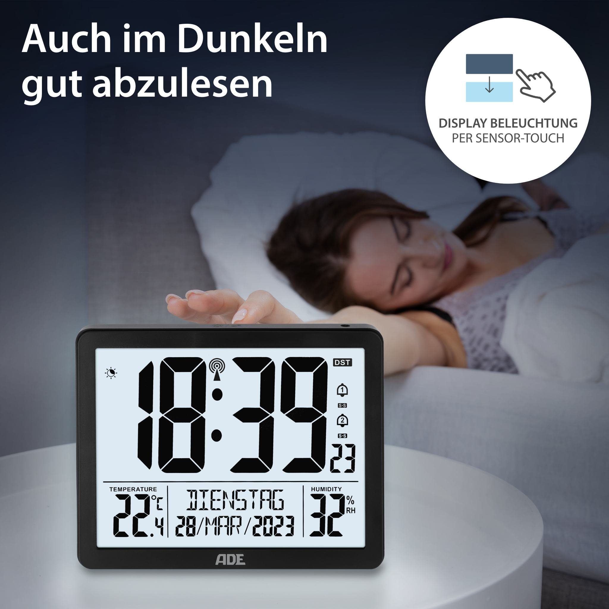 ADE Funktischuhr Digitale Tischuhr Wecker mit Thermometer und Hygrometer 2 Weckzeiten, ausgeschriebener Wochentag, zum Hängen oder Stellen