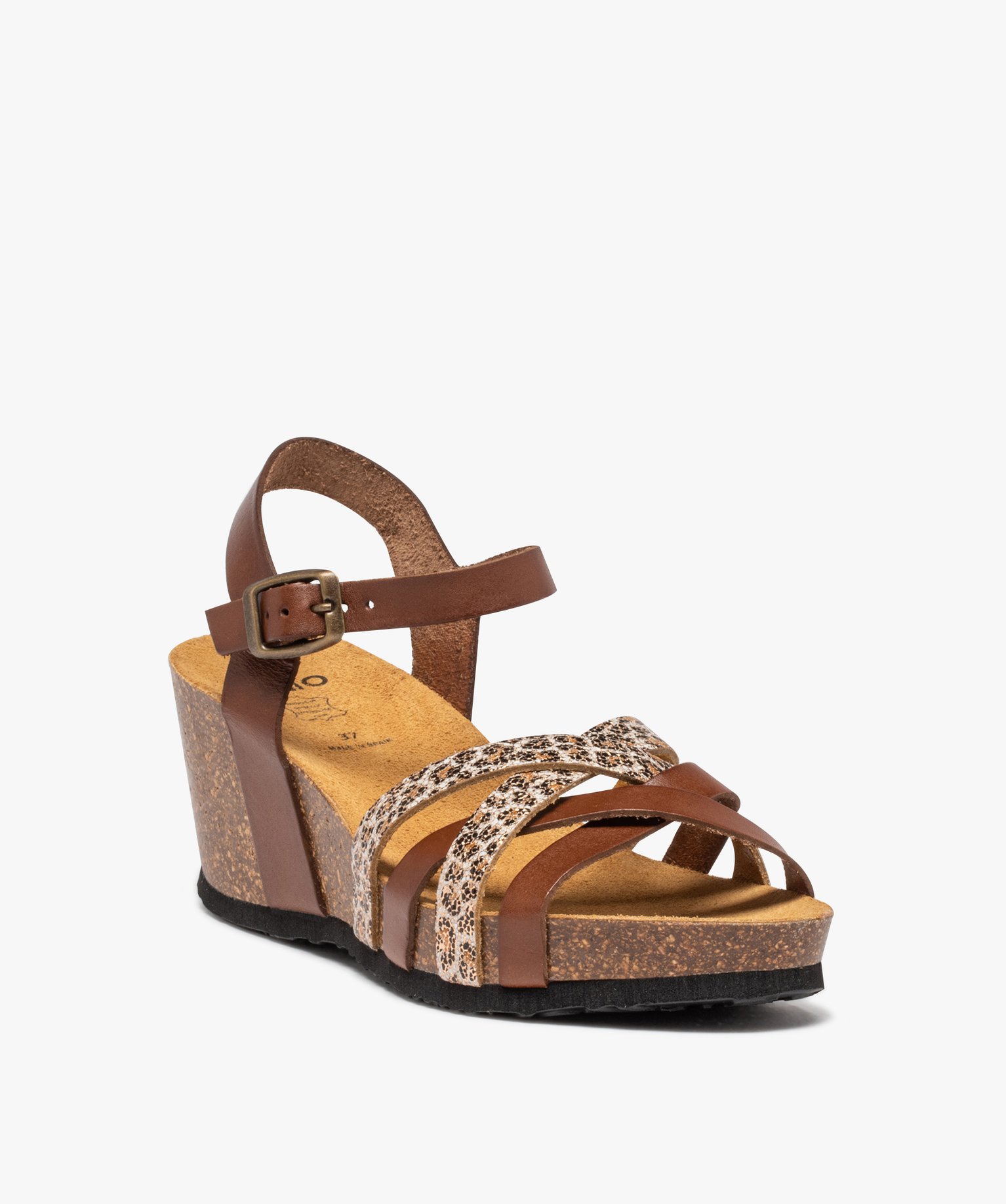 Sandales femme compensées à brides en cuir marron | GEMO
