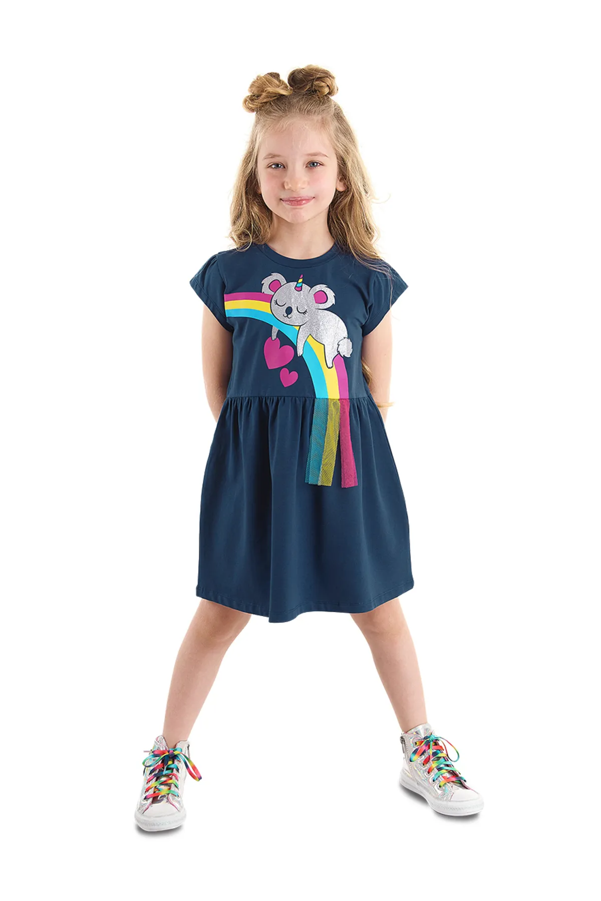 Denokids  Marineblaues Mädchenkleid aus gekämmter Baumwolle von Koala Cotton