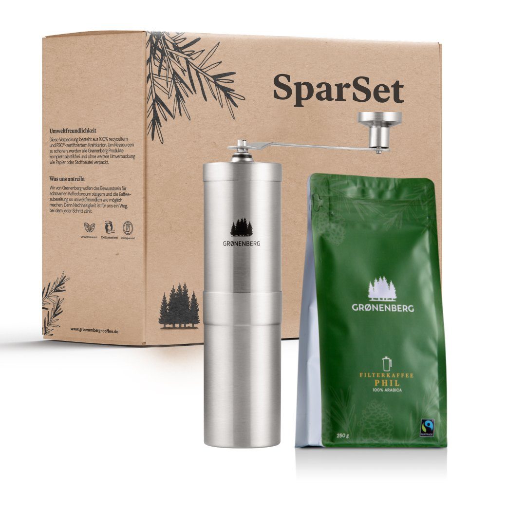 GRØNENBERG Kaffeemühle Spar Set 7: Bio Filter Kaffeebohnen + Edelstahl Kaffeemühle manuell, Handkaffeemühle mit Keramikmahlwerk, 35,00 g Bohnenbehälter, Stufenlos, präzise einstellbar