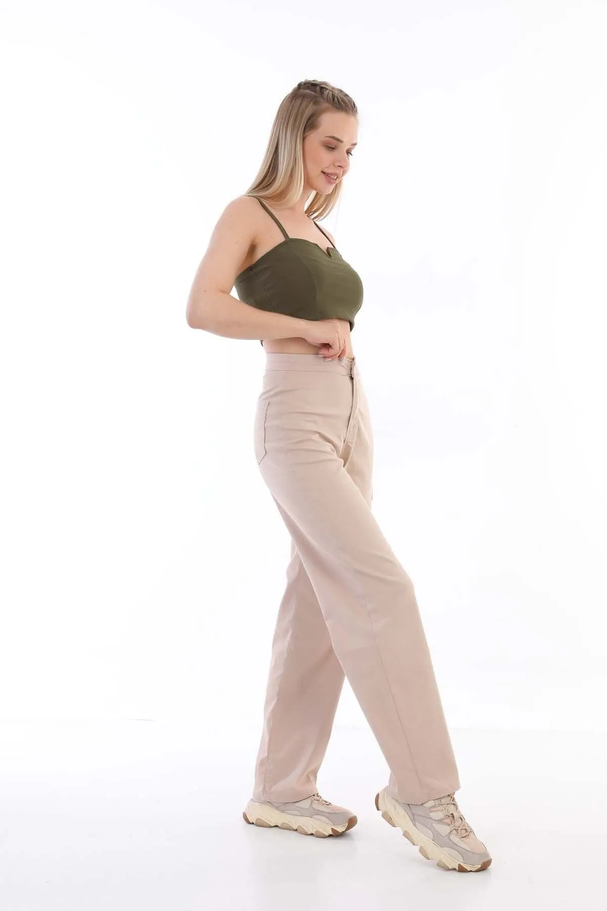 BİKELİFE  Beigefarbene Lycra-Palazzo-Hose mit hoher Taille für Damen