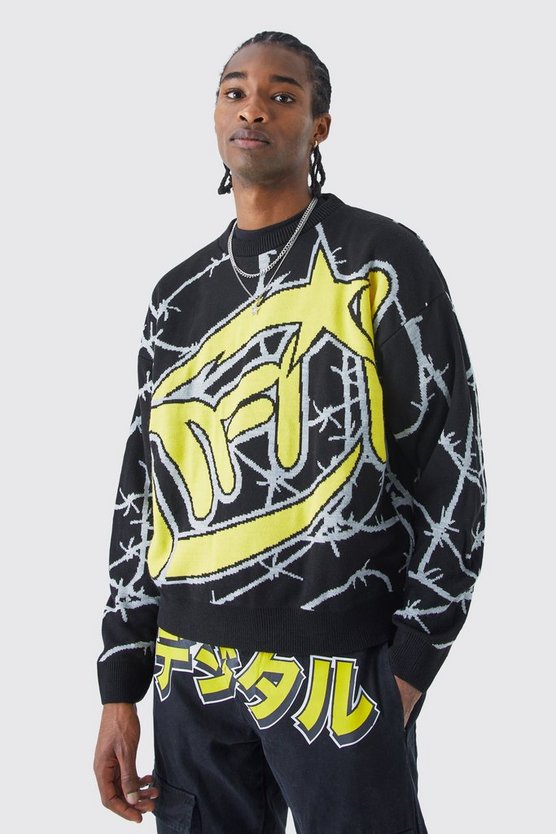 Kastiger Oversize Strickpullover mit Stacheldraht-Print