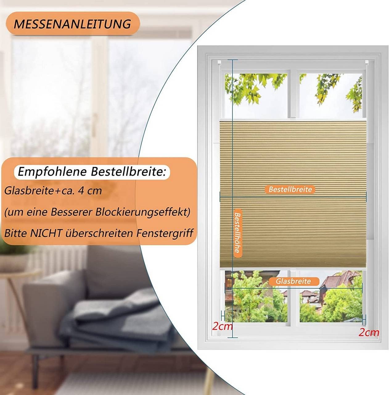 Wabenplissee, EUGAD, verdunkelnd, verspannt, Klemmfix, Beige-Weiß