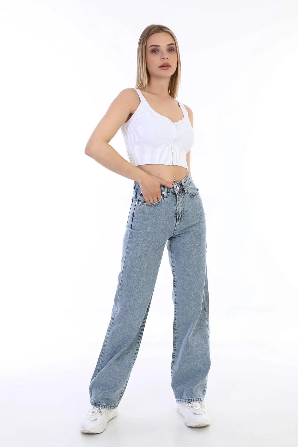 BİKELİFE  Hellblaue, lockere, lässige Palazzo-Jeans für Damen mit hoher Taille und weitem Bein