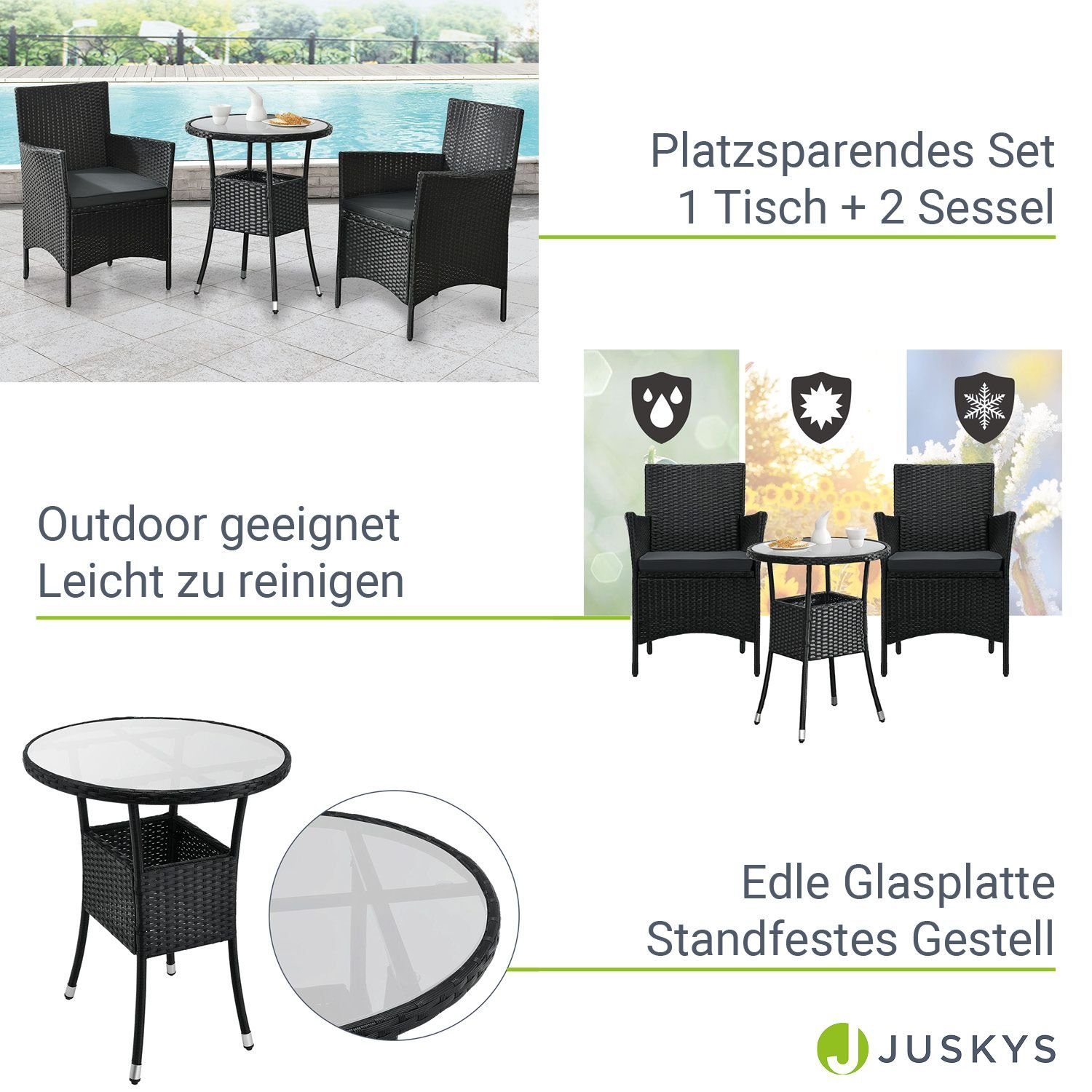 Juskys Balkonset Bayamo, hohe Stabilität, wetterfest, bequeme Kissen