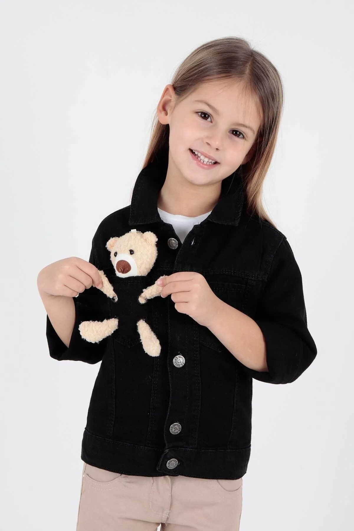 AHENGİM  Mädchen-Jeansjacke aus Baumwolle mit Teddybär-Motiv, lässig, modisch, Ak22176023