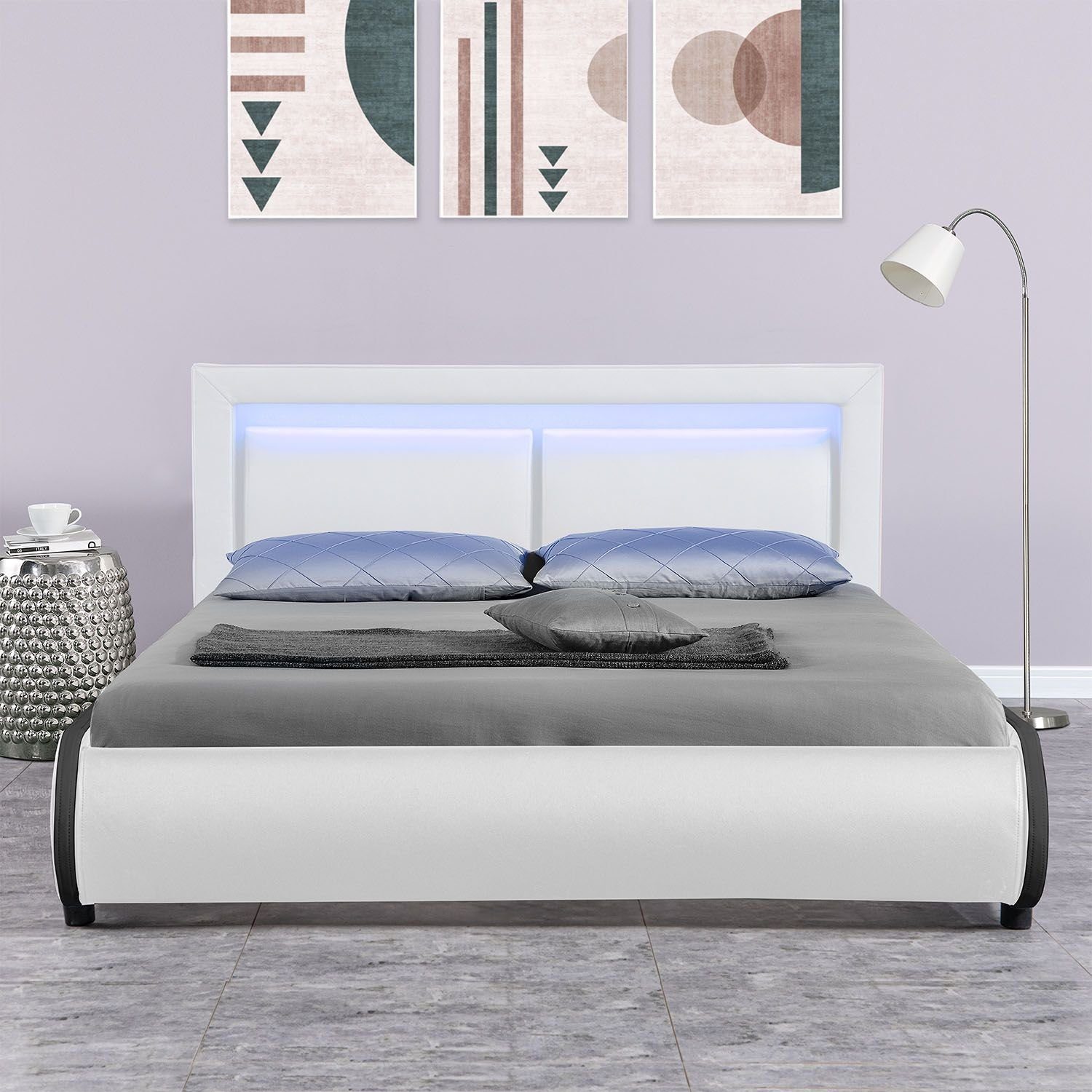 Juskys Polsterbett Murcia, 140x200 cm, LED-Beleuchtung, weiches Kopfteil, inkl. Lattenrost