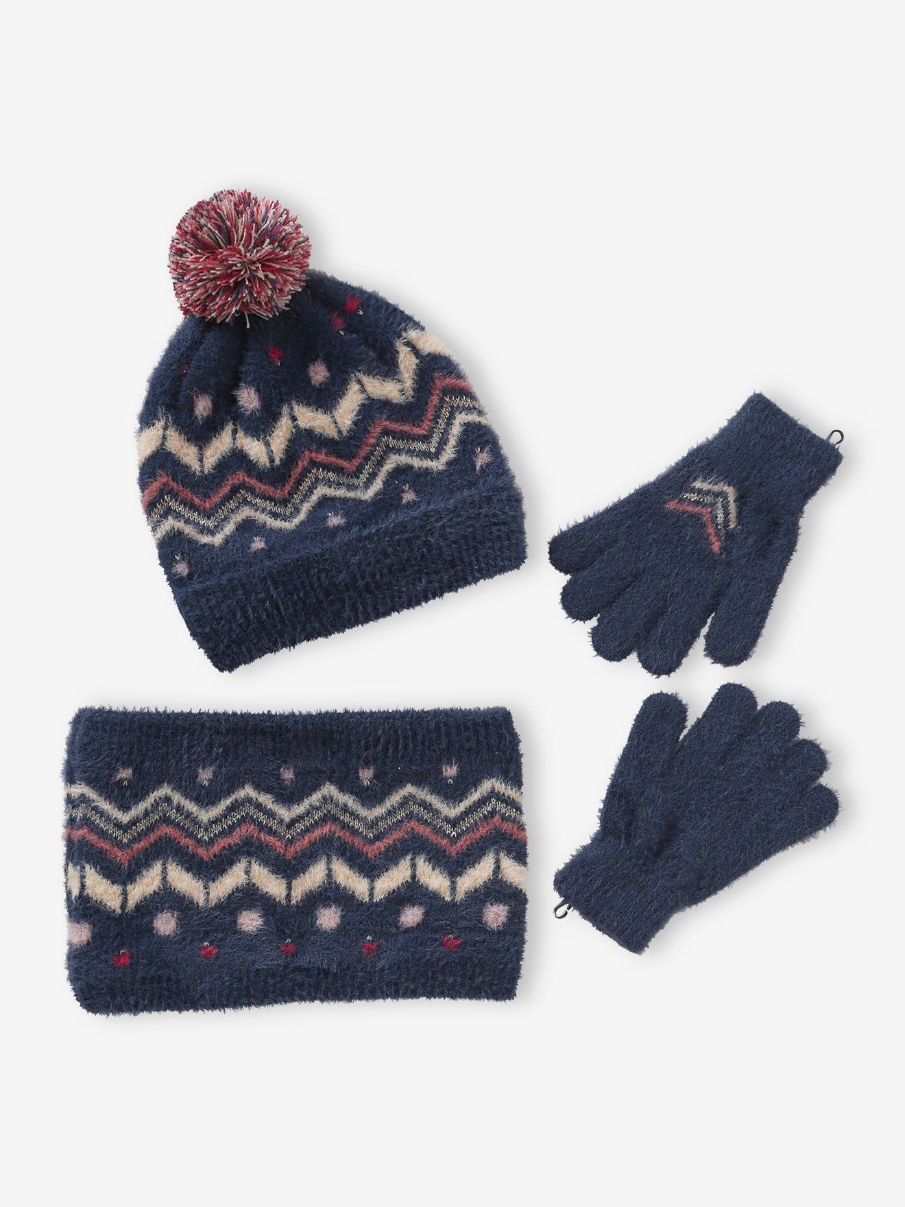 Vertbaudet Mädchen Strick-Set: Mütze, Rundschal & Handschuhe - nachtblau
