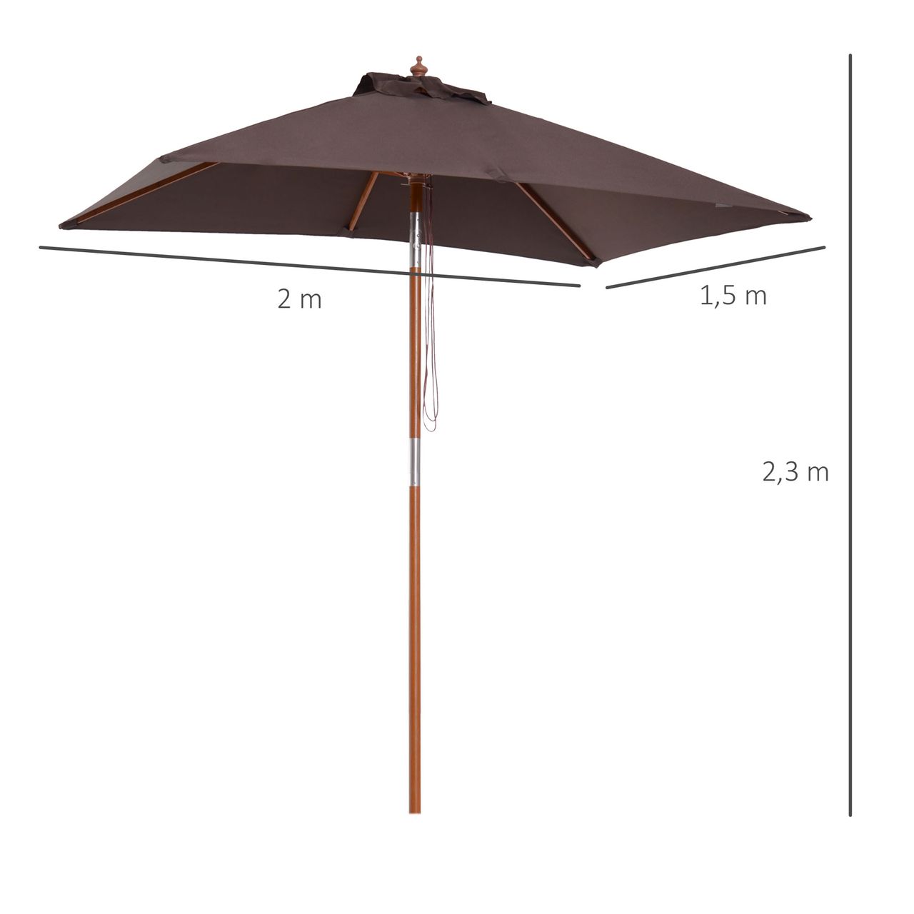 Outsunny Sonnenschirm Knickbarer Gartenschirm Strandschirm 3-stufig einstellbar Tannenholz Polyester Kaffee 200 x 150 x 230 cm